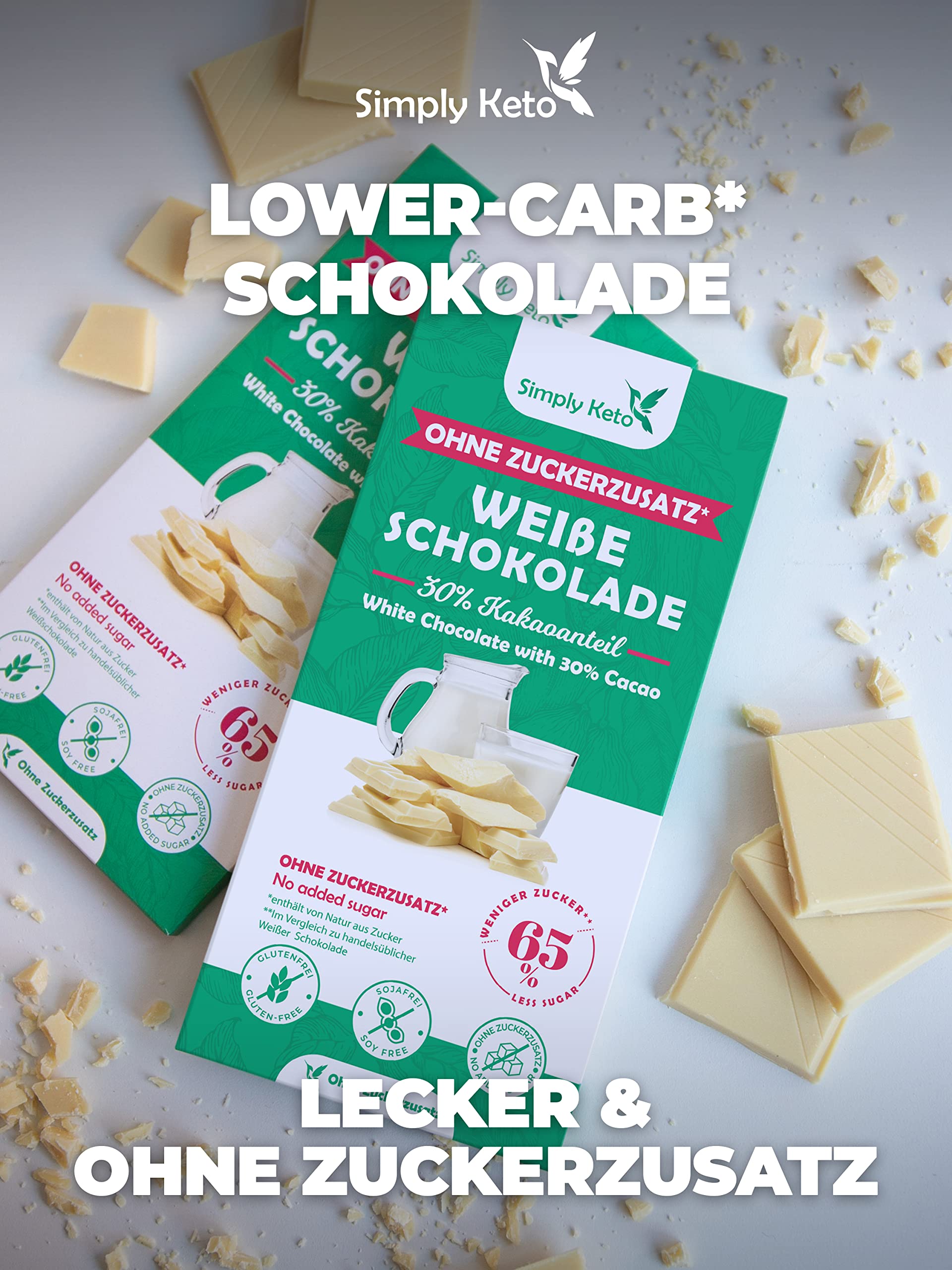 Simply Keto Zuckerreduzierte Weiße Lower Carb Schokolade 65% weniger Zucker Glutenfrei 12 x 100g
