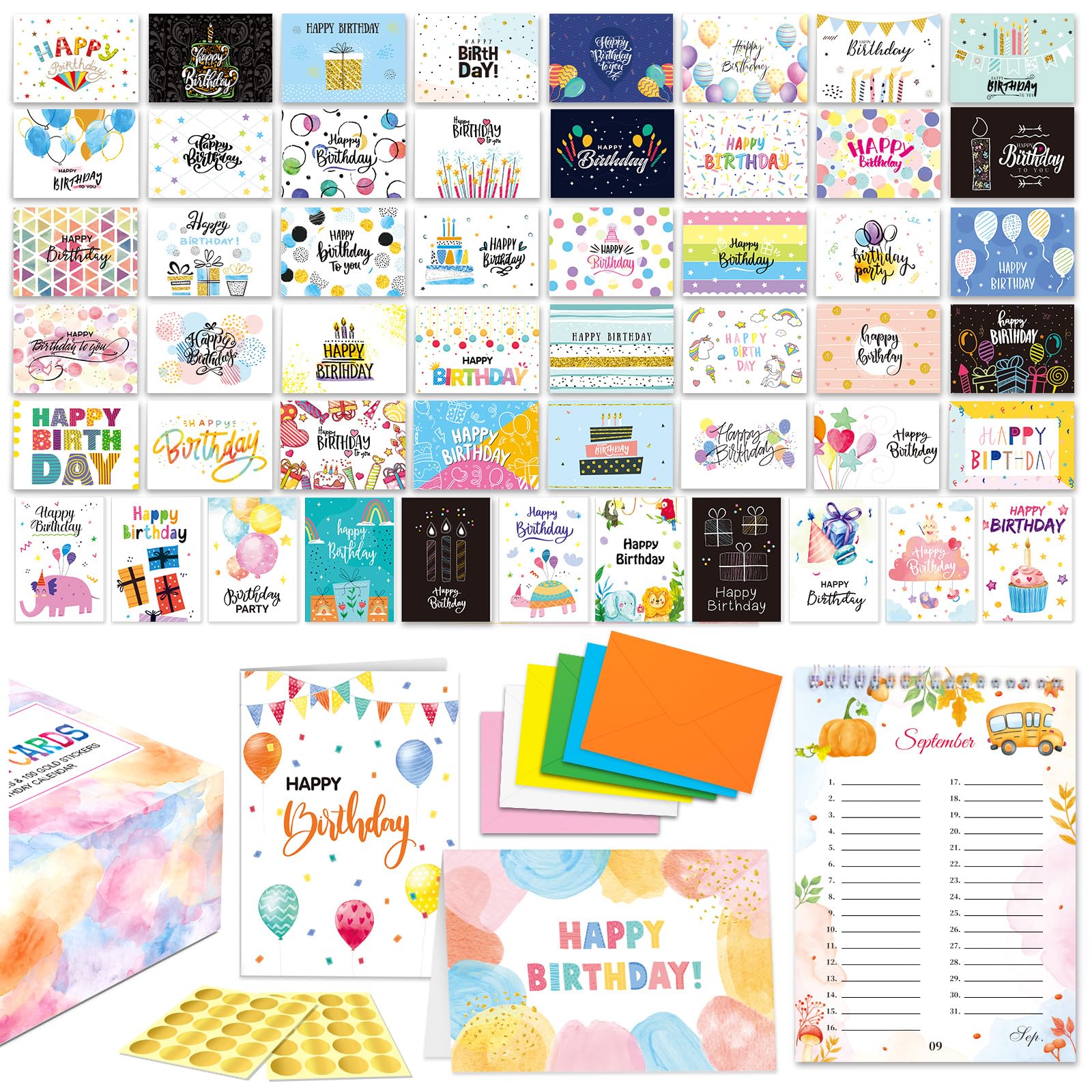 Biglietti assortiti di buon compleanno, set da 100 biglietti di compleanno unici con buste, adesivi con sigillo dorato, calendario di compleanno, scatola regalo di compleanno con messaggio