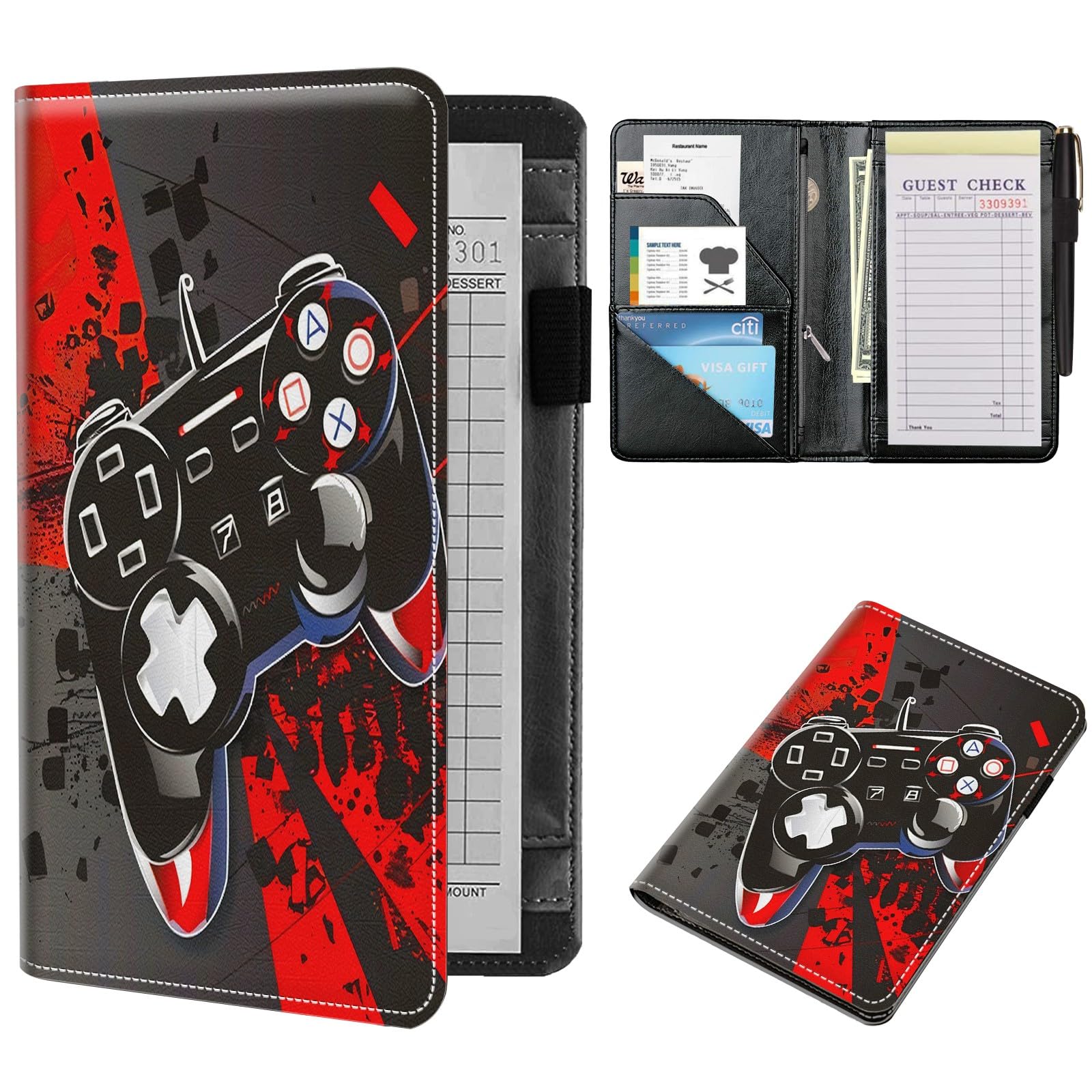 TSNJTBDL Server Book, Server Books for Waitress Small Cute Waiter Receipt Book PU Leather Waitress Book with Zipper Pocket for Cash Check Restaurant Bartender Server Apron, Gamepad