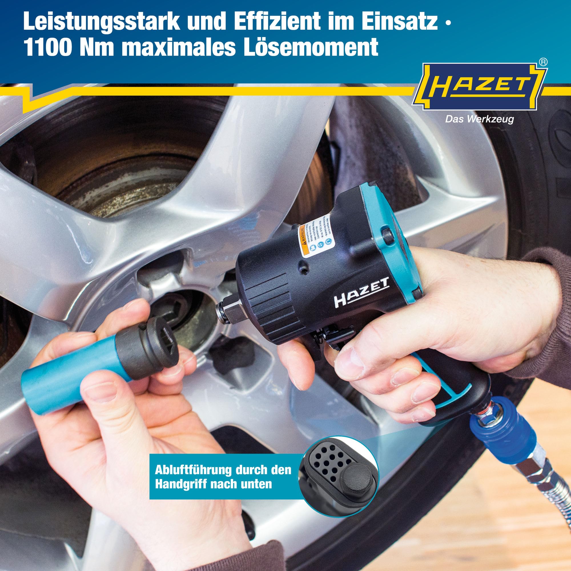 Hazet Druckluft-Schlagschrauber 9012M I Max. Lösemoment 1100 Nm, Vierkant 12,5 mm (1/2 Zoll) I vibrationsarm - Werkzeug zum Anziehen und Lösen von Schrauben