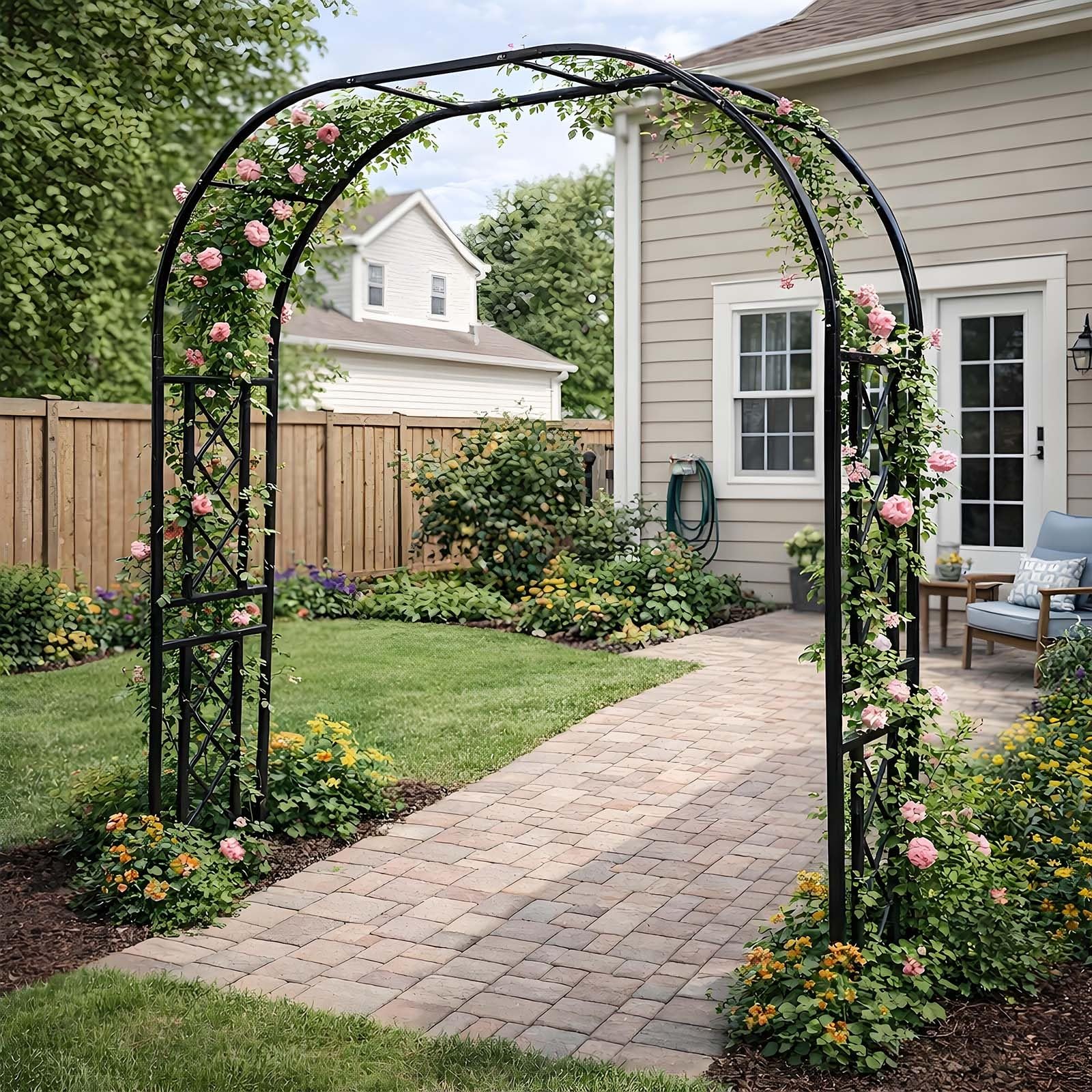 Heavy Duty Metal Garden Arches 140-340cm Strong Steel Archway Trellis For Climbing Plants Roses Vines Grape Outdoor Pergola Arbour Doorway Decorations Backyard Wedding Frames(Black,220x230x40cm)