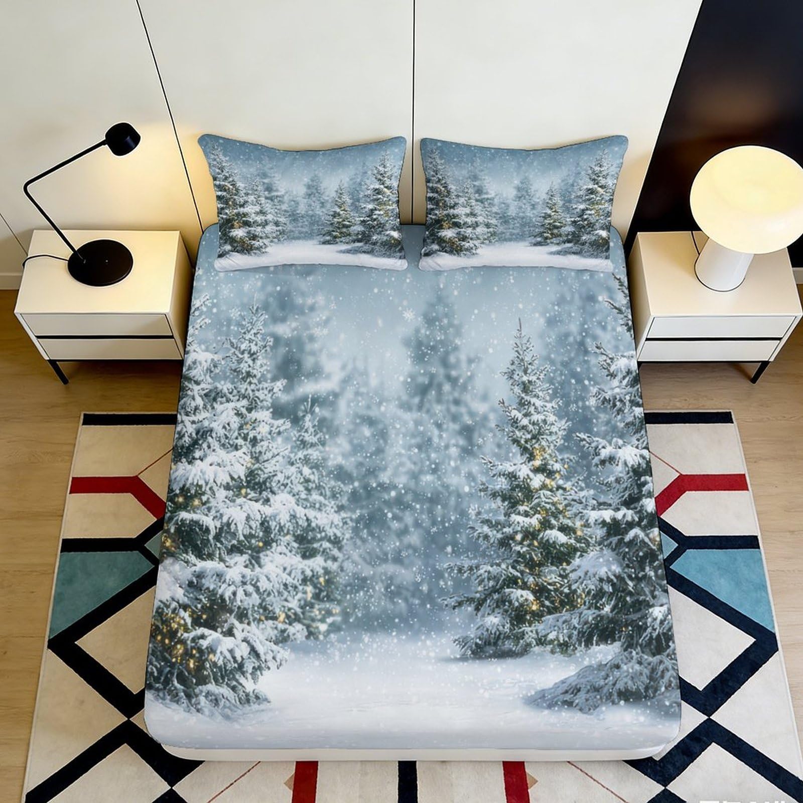 3D Printed Snowy Pine Forest Fitted Sheet Microfiber Soft Breathable Winter Landscape Mattress Cover for Bedroom Guest Room 90x200x25cm