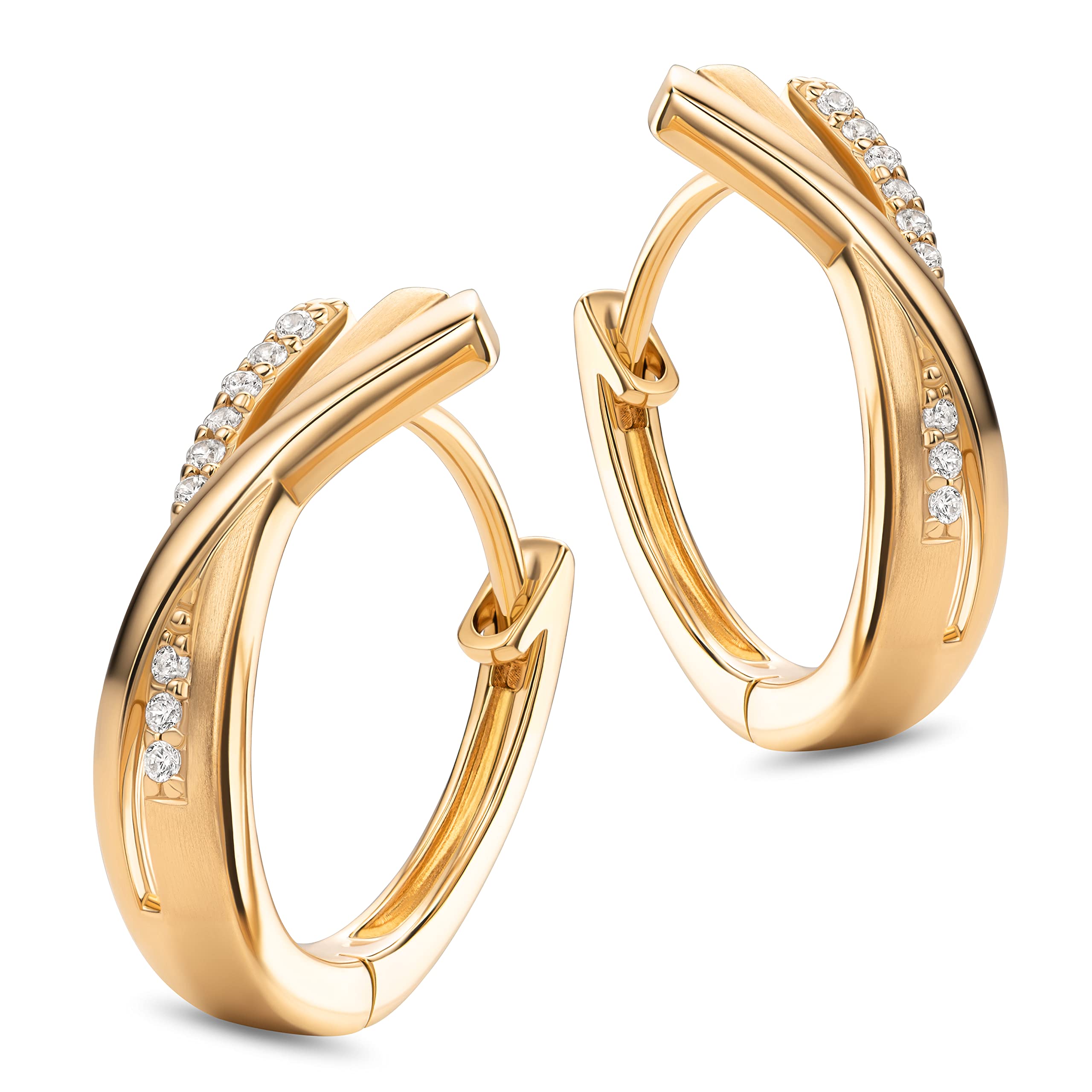 Miore Orecchini Cerchio Donna con Zirconi Brillanti in Argento 925 - Argento 925 Placcato Oro Giallo 18K 750, Orecchino Cerchi a lobo anallergici con Zirconi. Chiusura con perno passante e scatto.