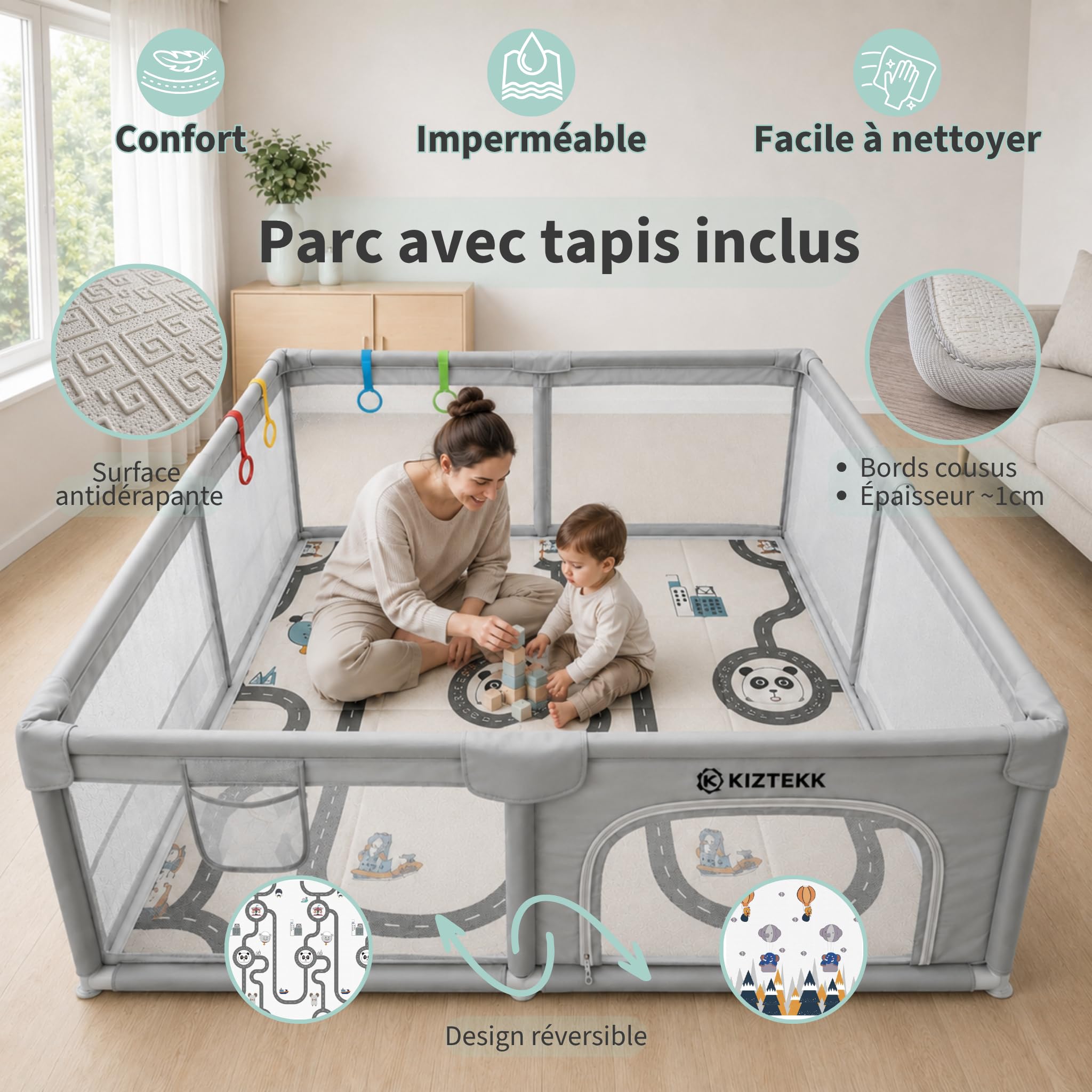 Parc Bebe 150x150 cm - Parc Bebe avec Tapis de Sol Pliable - Grand Espace Sécurisé - Protection Renforcée - Visibilité 360° - 2 Sacs de Rangement Inclus - 4 Anneaux de Soutien
