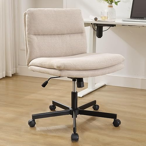 Miniatura 7 de Okeysen Silla cruzada sin brazos con ruedas, asiento ancho con patas cruzadas, cómoda silla de escritorio de oficina, silla giratoria de tela en