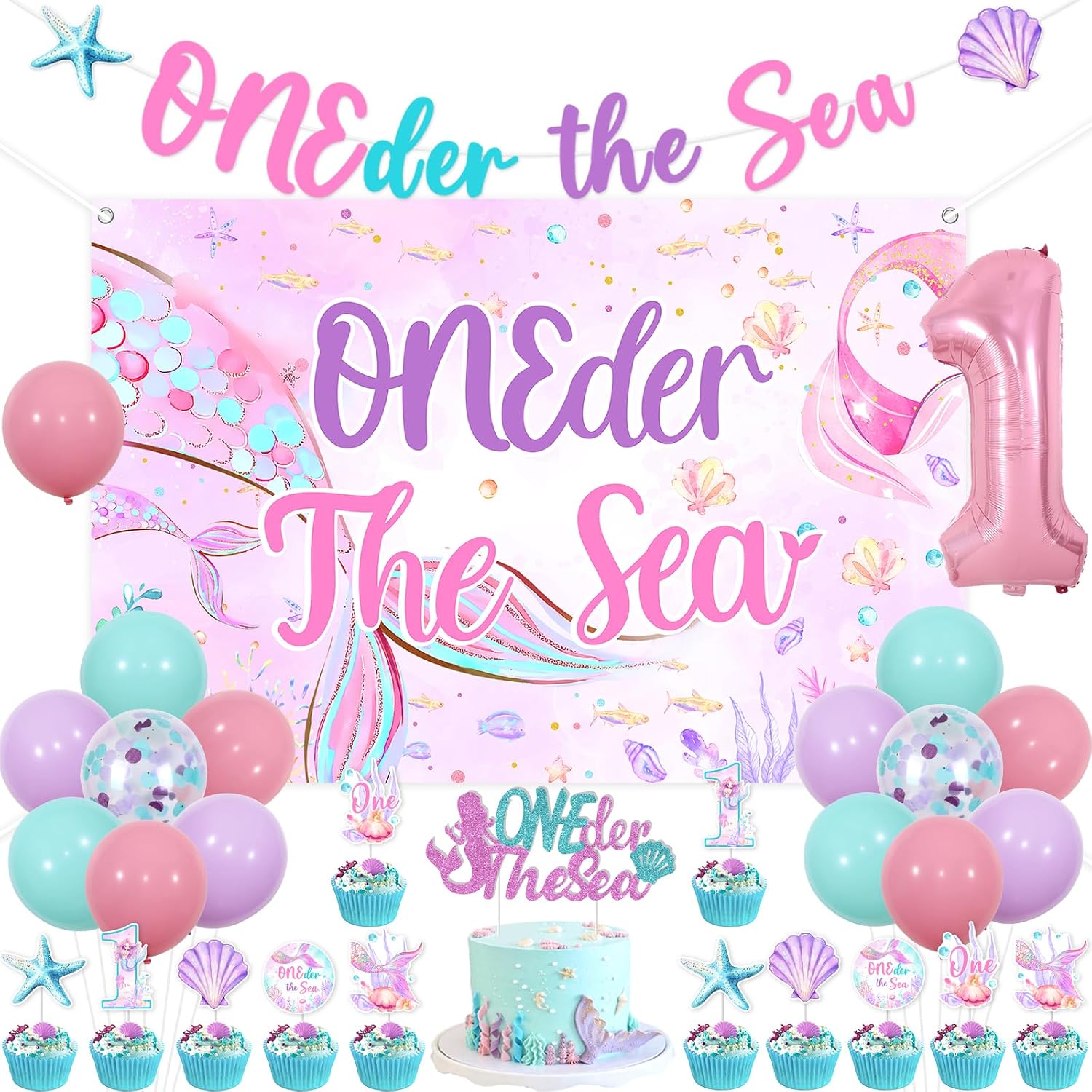 Under the Sea 1st Birthday Decorations for Girls Mermaid Oneder The Sea Backdrop Banner Cake Topper Starfish Shell Mermaid Tail Theme Party Balloon Ocean Animals Creature Party Supply