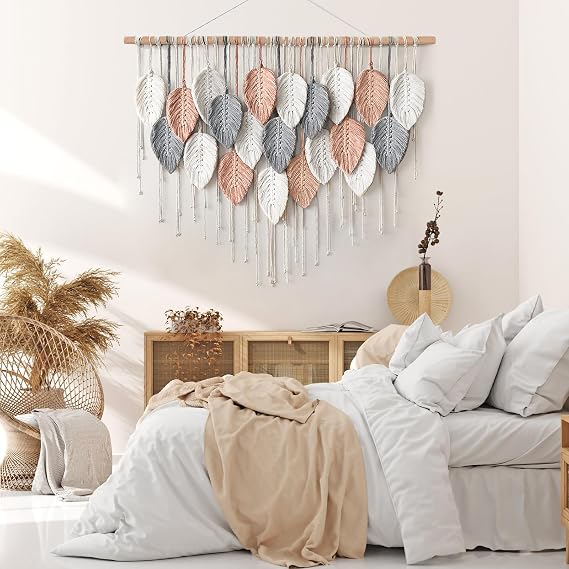 ASTNIC Large Macrame Wall Hanging Tapestry Woven Bohemian Tassel Leaf Tapestry Chic Home Wall Art Pink Macrame Aesthetic Decor for Bedroom Living Room Background 100 cm W x 72 cm L