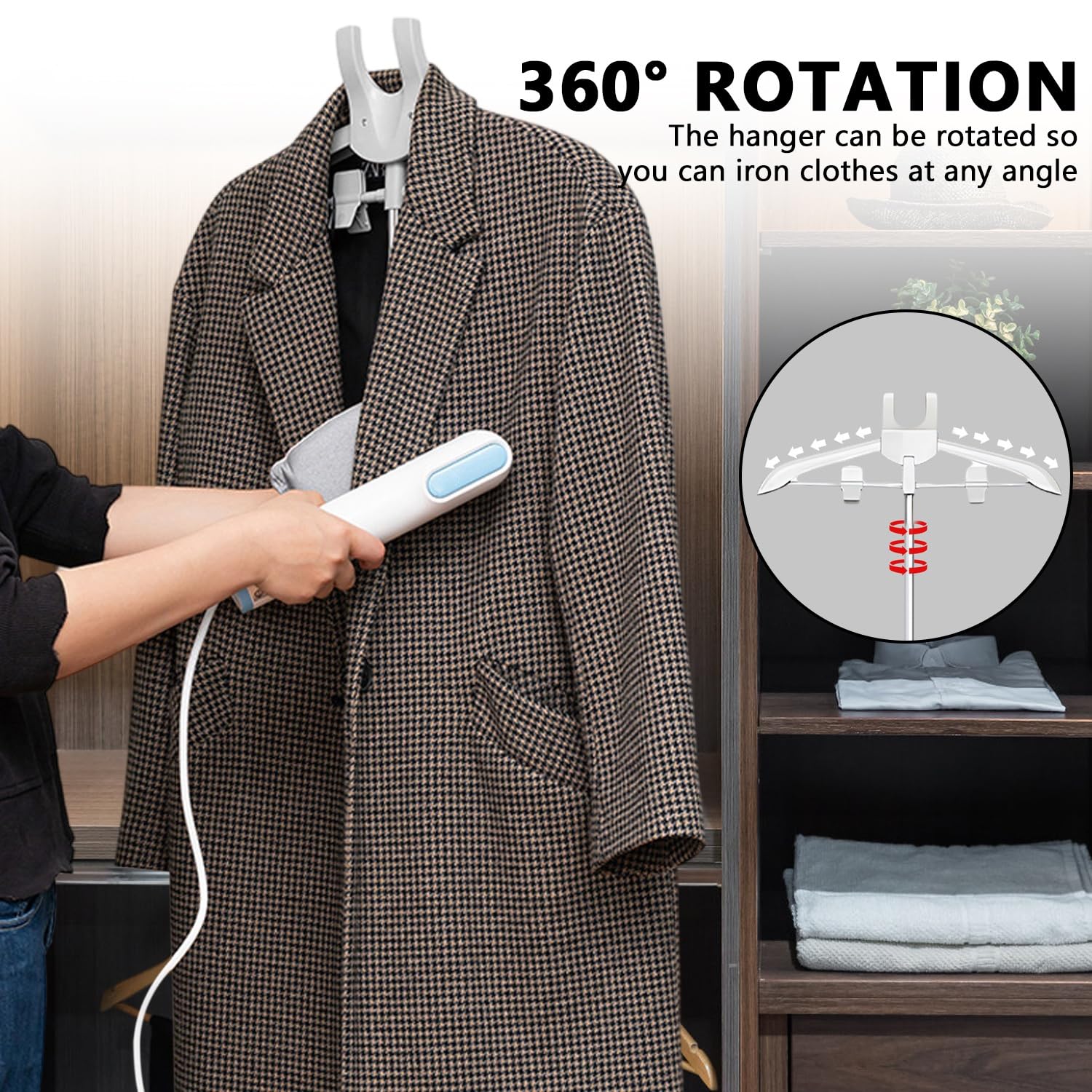 Kleiderbügel für Dampfglätter, 360° Drehbarer Dampfglätter Klappbarer, 84-160 cm Höhenverstellbarer Dampfständer für Kleidung, Dampfbügelmaschinen mit 3 Zubehör Geeignet für Windmantel, Hemden, Röcke