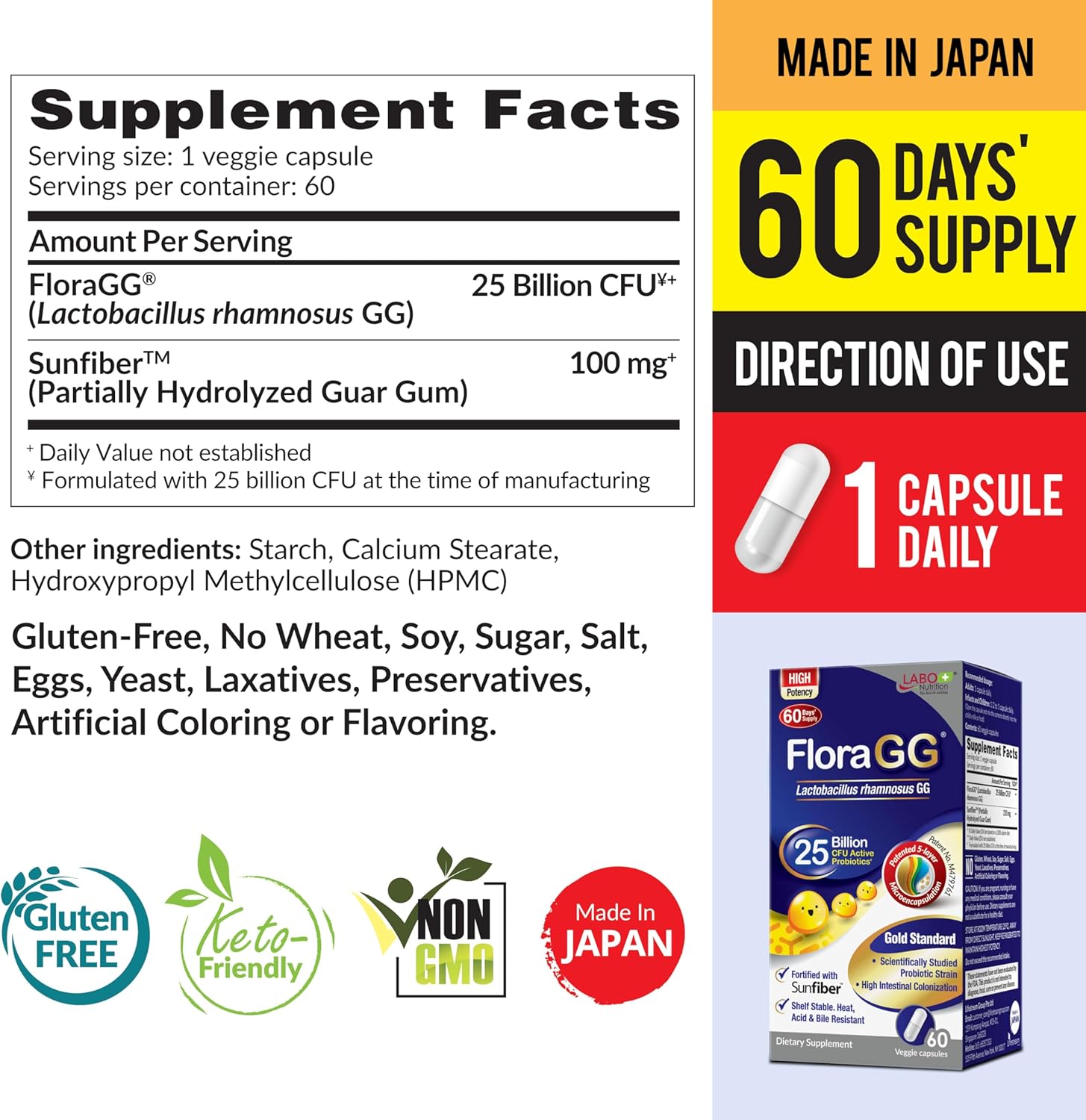 LABO Nutrition FloraGG Lactobacillus Rhamnosus LGG 25 Billion CFU Daily (LGG Probiotic with Sunfiber) 5-Layer Microencapsulated L. Rhamnosus Supplement | Digestion & Immune Support | 60 Capsules