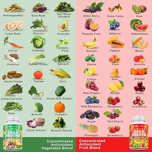 Miniatura 3 de Suplemento diario de frutas y verduras con ashwagandha, raíz de remolacha y saúco - 90 frutas y 90 cápsulas de verduras hechas con alimentos