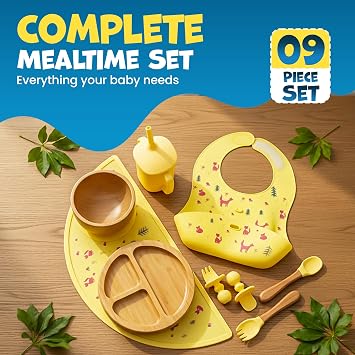 Baby Feeding Set 8 PCS | Baby Led Weaning Supplies Self Feeding | Divided Suction Plate Bowl Bib Sippy Cup with Straw Utensils Baby Bowls and Spoons Toddler Feeding Set (Pink) (Sunshine Yellow)