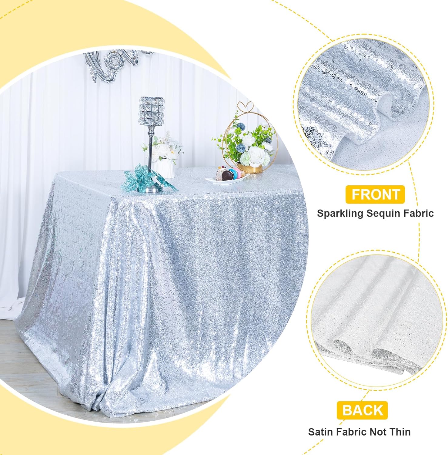 Poise3EHome Silver Sequin Tablecloth - 90x132 Inch Sparkly Drape Rectangle Tablecloth - Sequin and Satin Fabric Table Cover for Party Wedding Baby Shower Ceremony Birthday Holiday Banquet Decoration