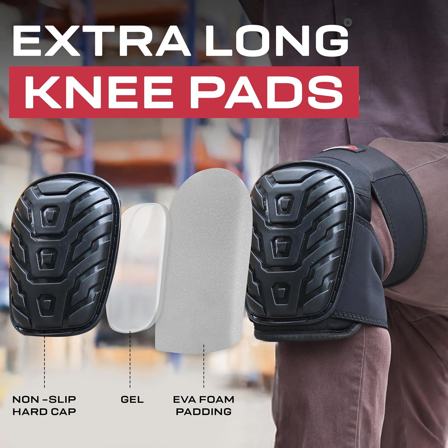 SAFE HANDLER Professional Extra Long Heavy Duty Gel Knee Pads with Heavy Duty Foam Padding and Comfortable Gel Cushion, Strong Adjustable Hook and loop Dual Straps and Tough Anti-Slip Knee Caps