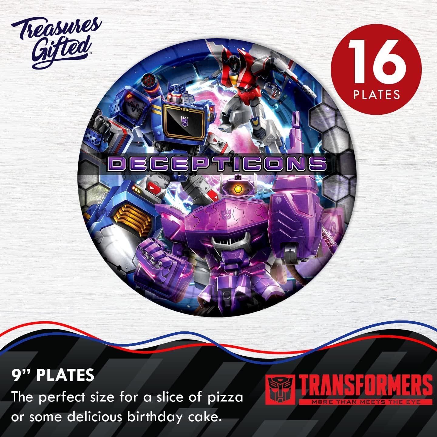 Treasures Gifted Officially Licensed Transformers Birthday Party Supplies - 16ct 9in Decepticons Party Plates - Transformers Birthday Decorations - Disposable Paper Plates