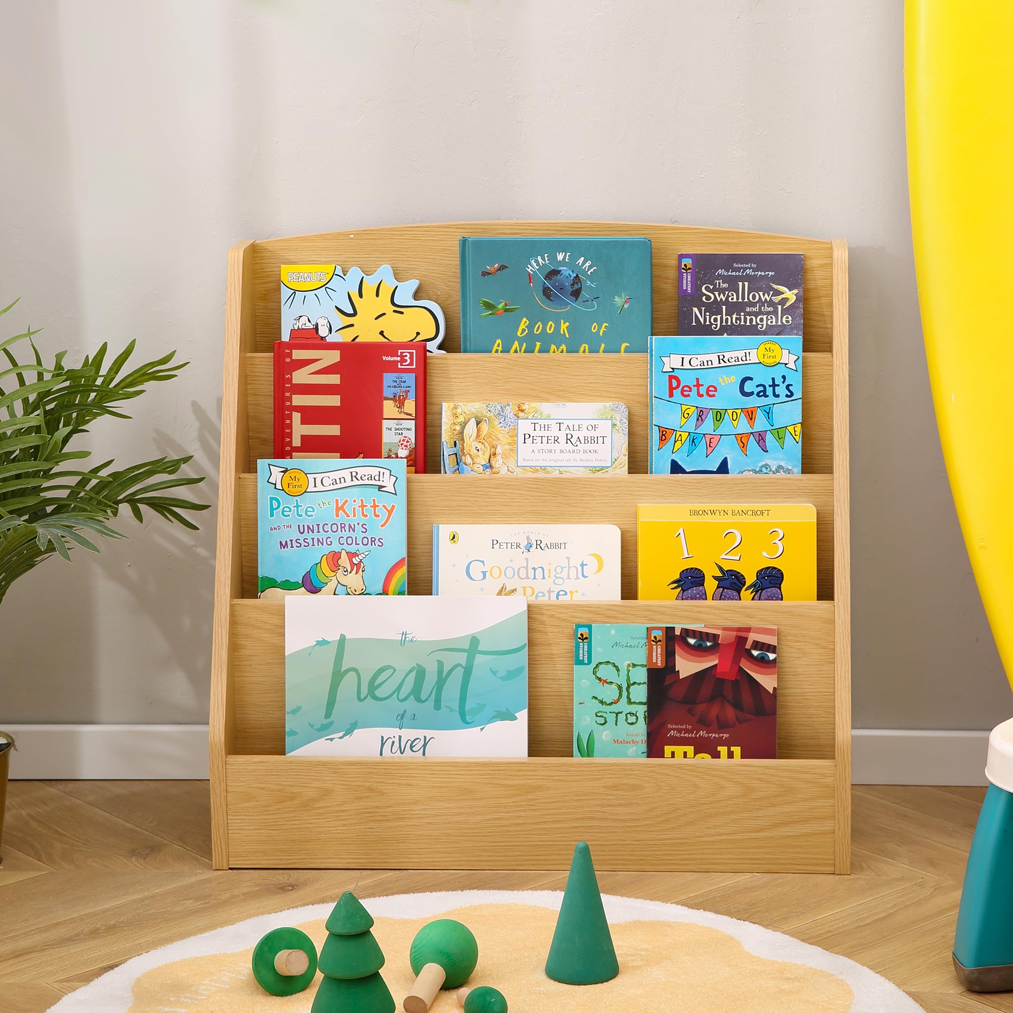 TOETOL 4-Tier Kids Bookshelf - Toddler Book Display Shelves for Classrooms, Playrooms, and Nursery - Wooden Children Book Rack (Natural)