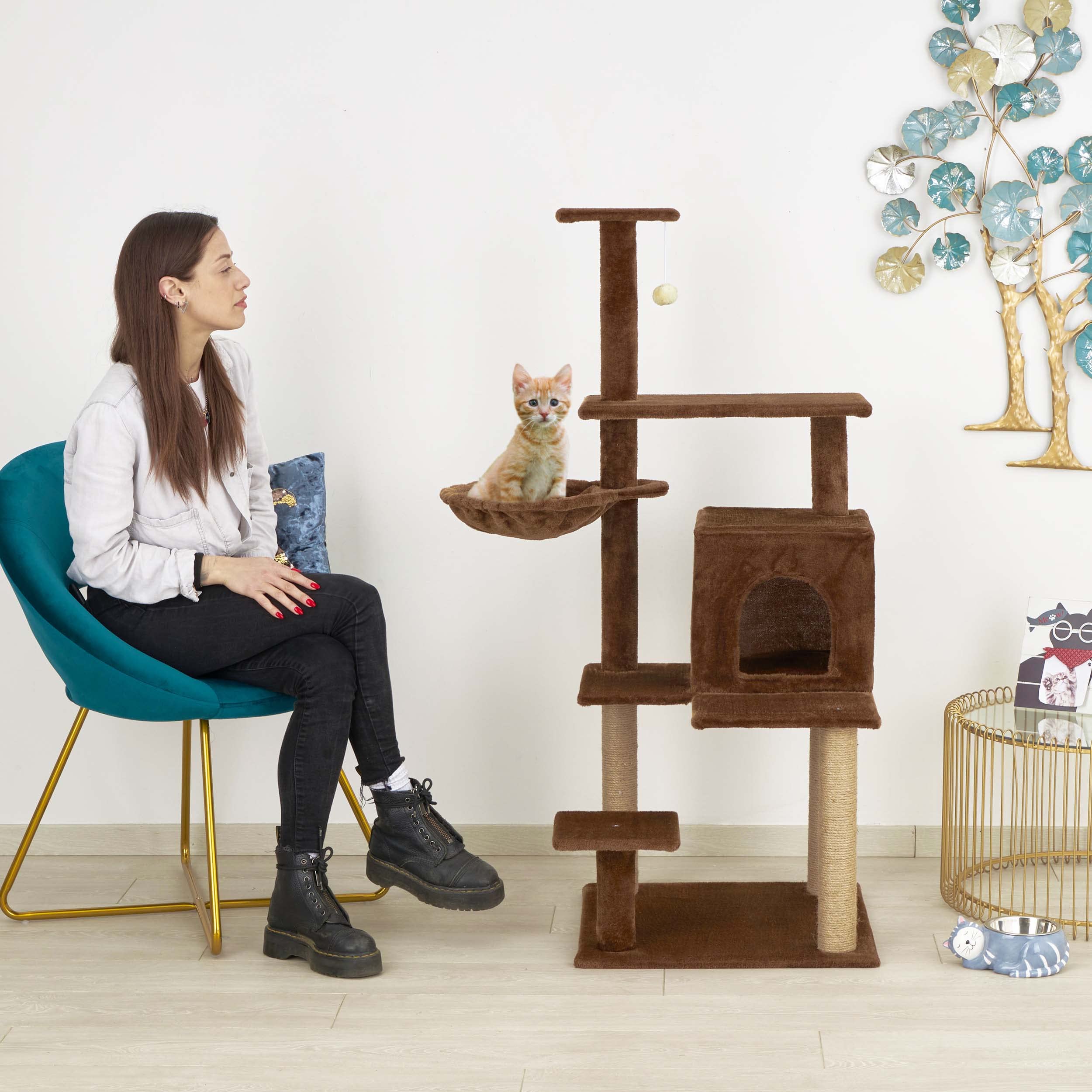 Baroni Home Tiragraffi ad Albero per Gatti, Tiragraffi per Gatti e Gattini, 4 Piani con Palla, Amaca e Cuccia Rettangolare, 45x45x122 cm, Marrone