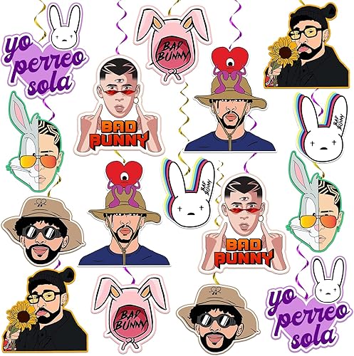 32 piezas de decoraciones de fiesta de conejo malo colgantes, decoraciones de conejo malo remolinos de papel de aluminio con purpurina, decoración