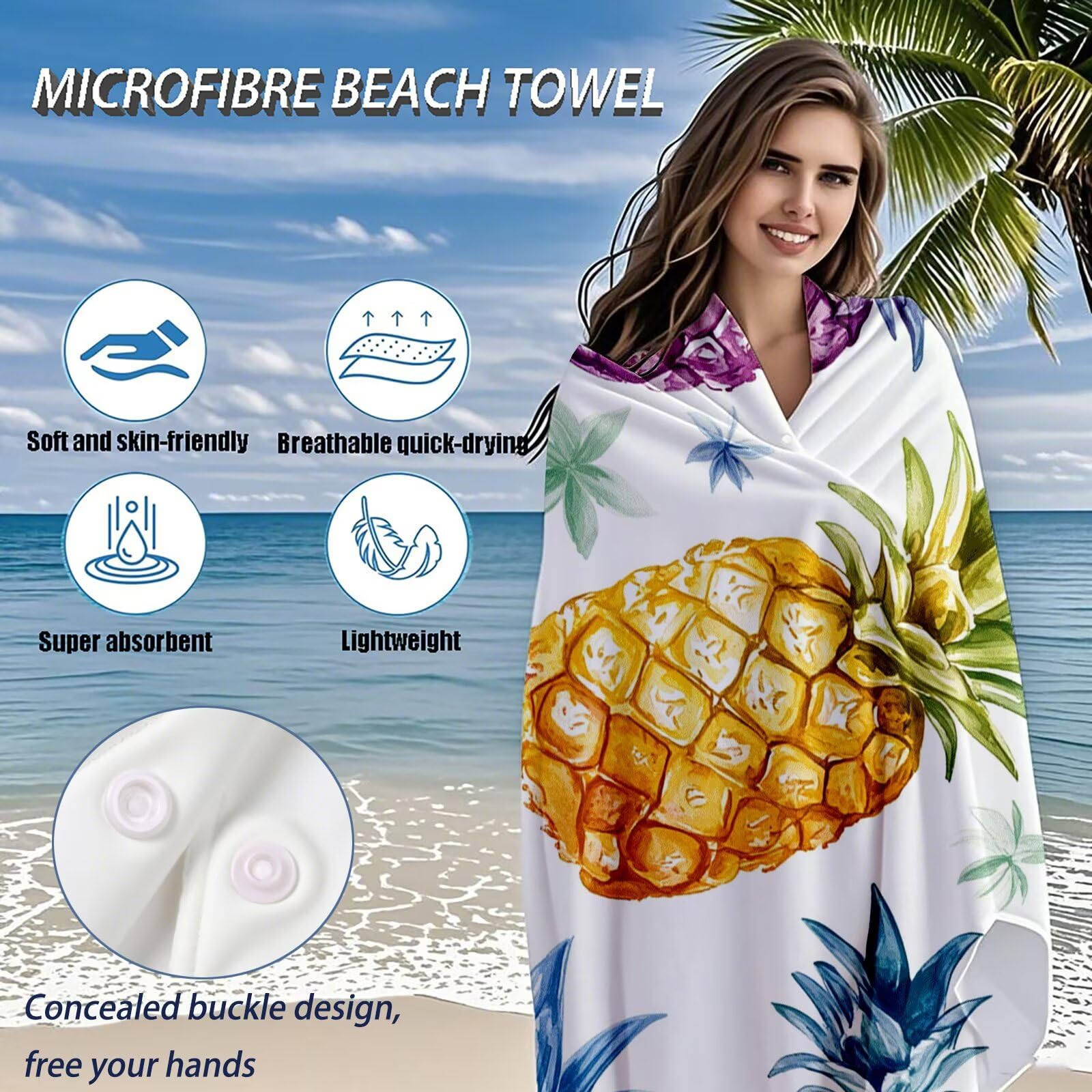 Serviette de Plage Microfibre Serviette Plage 100x220 2 Pack Séchage Rapide, Anti-Sable, Absorbante Fonction drap de plage xxl pour Bain, Sport, Voyages, Sauna, Piscine, Yoga, avec Sac Ananas Q-229
