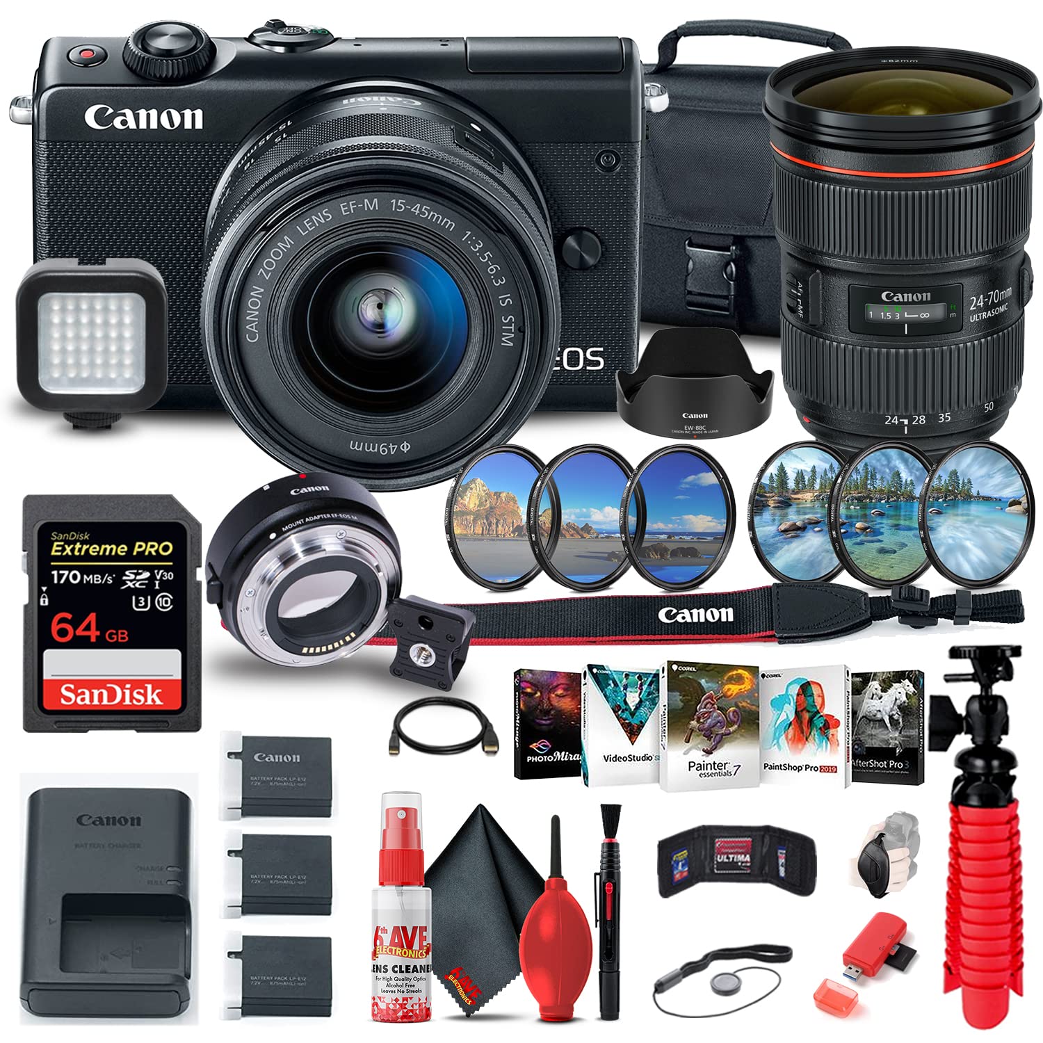 Canon EOS M100 Mirrorless Digital Camera with 15-45mm Lens (Black) (2209C011) + Canon EF-M Lens Adap