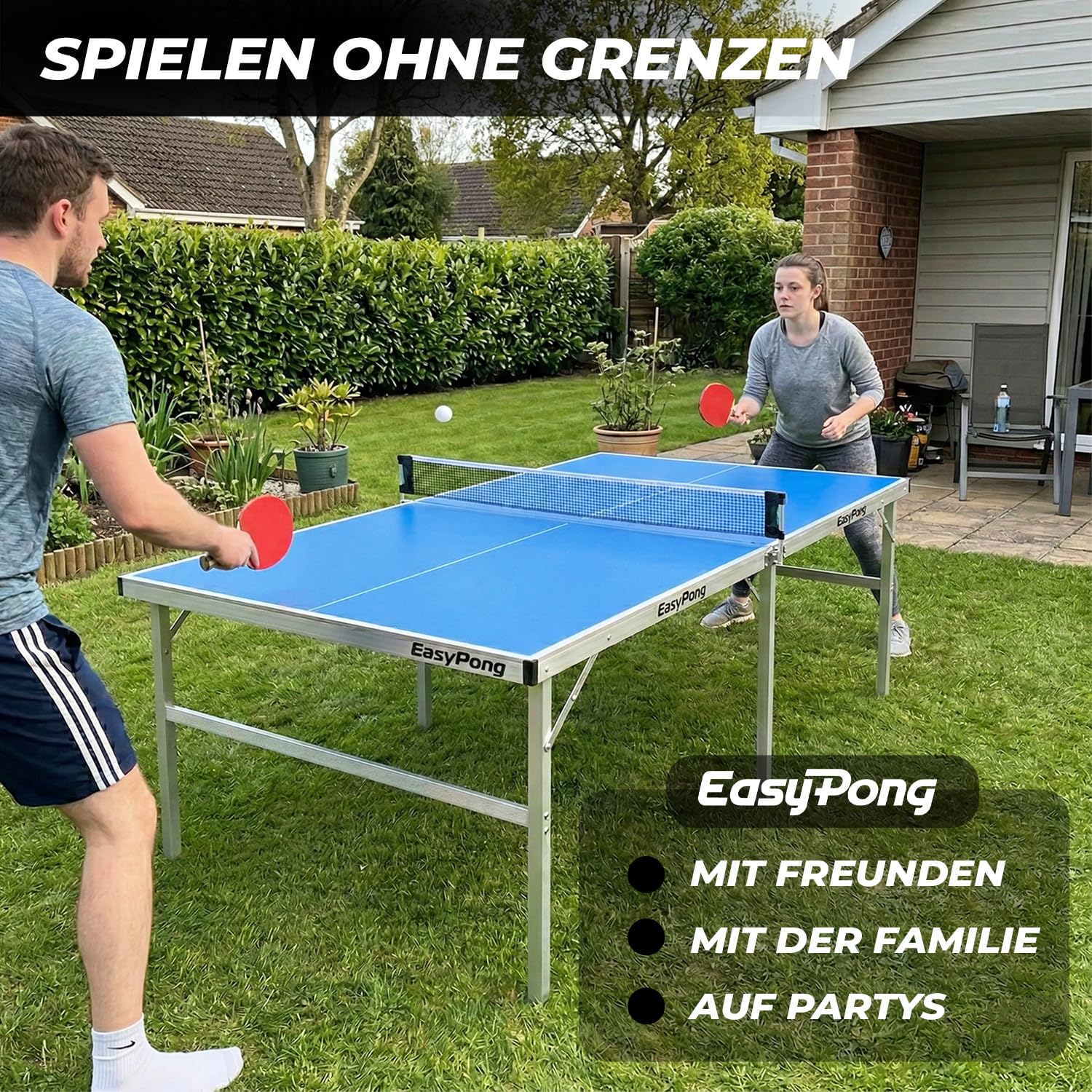 EasyPong® | Tischtennisplatte Blau | 182x91 cm | Premium Qualität | Leicht zu transportieren | Stabil | Ideal für Outdoor & Indoor | 2 Schläger + 4 Bälle | 100% Fun | OriginalCup®