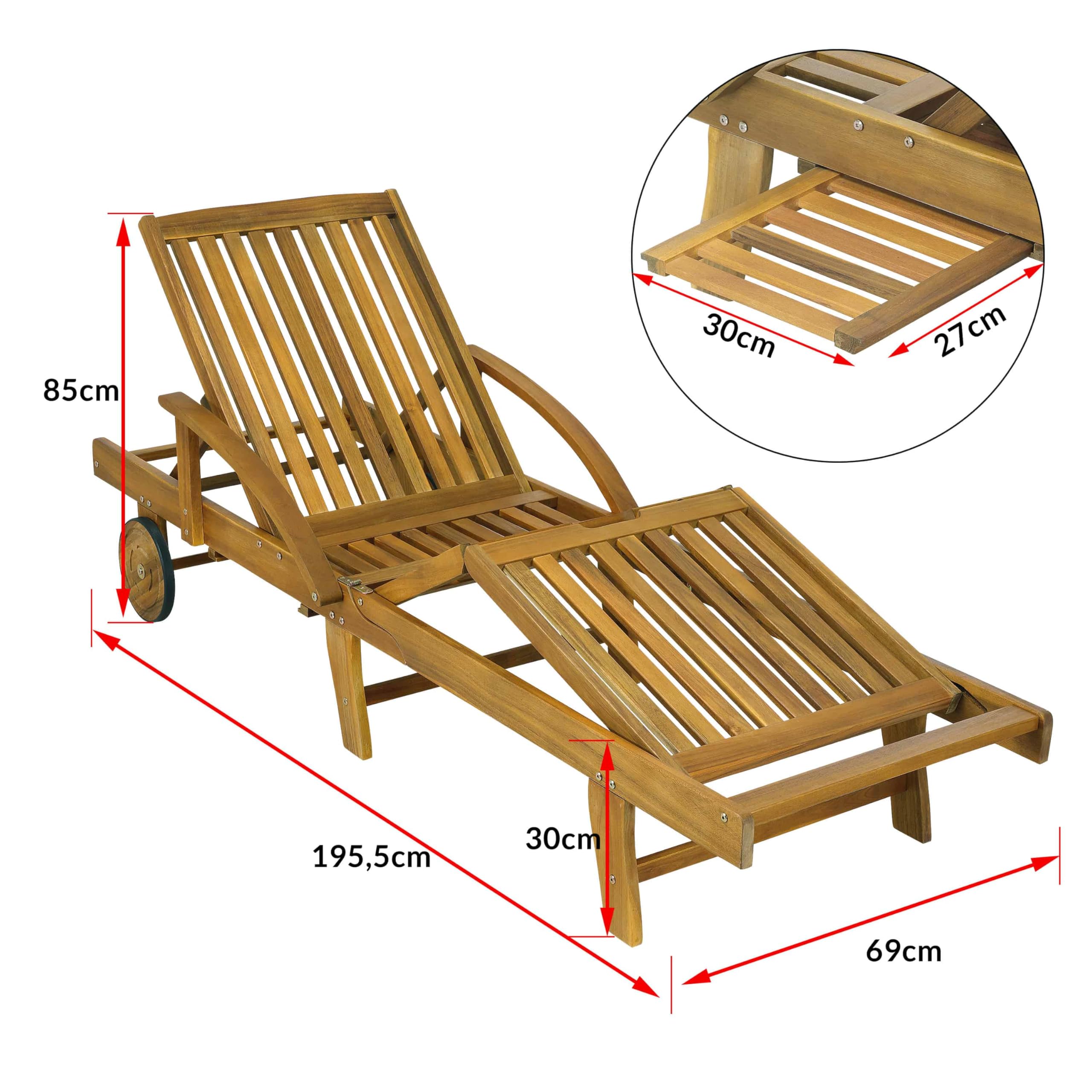 Casaria® Sonnenliege Holz inkl. Auflage Rot 320kg Belastbar 2 Personen Klappbar Gartenliege Räder 195x55cm Verstellbar Ablage Akazie Liege Terrasse Wetterfest