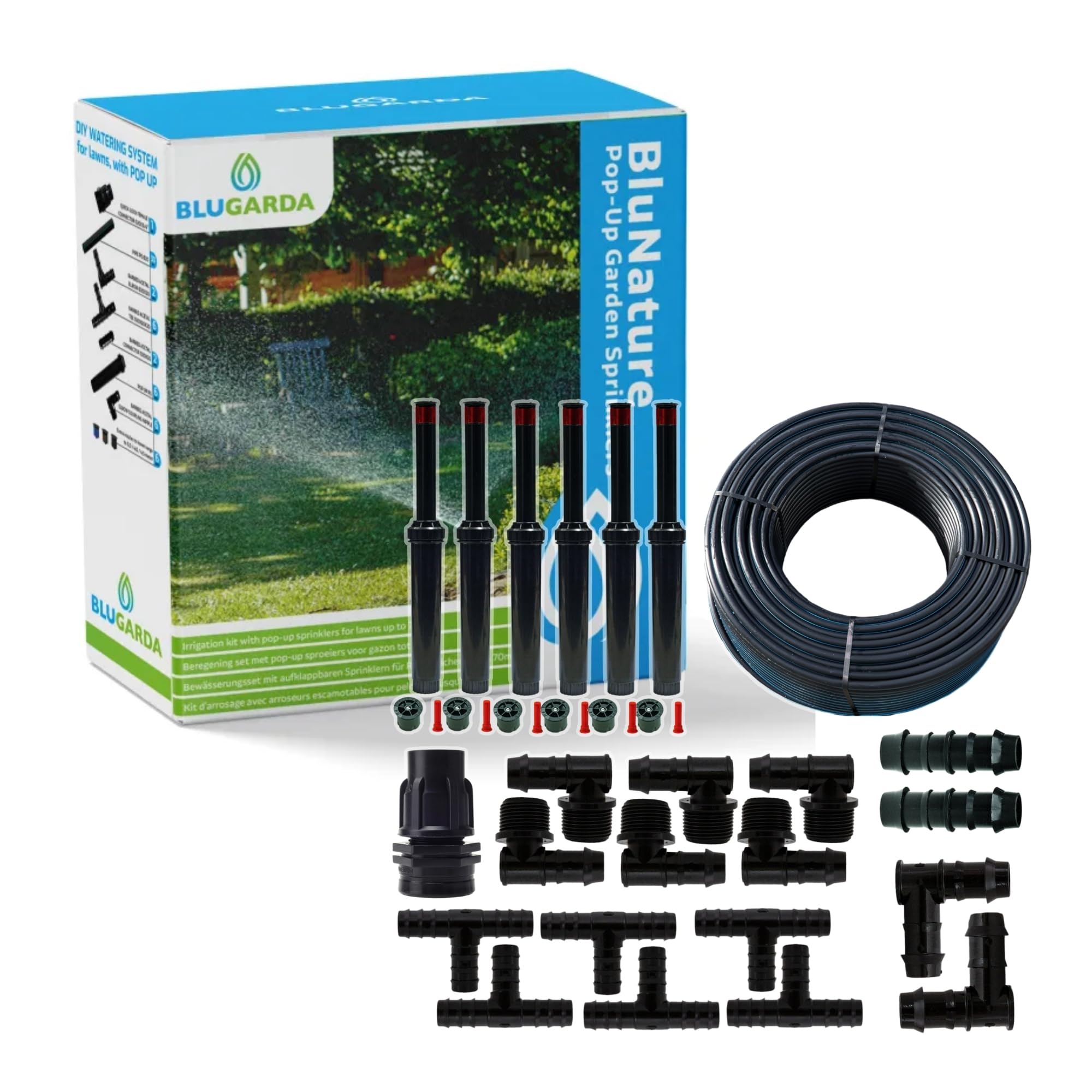 BluNature Irrigatore Pop-Up per Giardino - Kit Sistema di Irrigazione a Spruzzo per Prati fino a 70m²