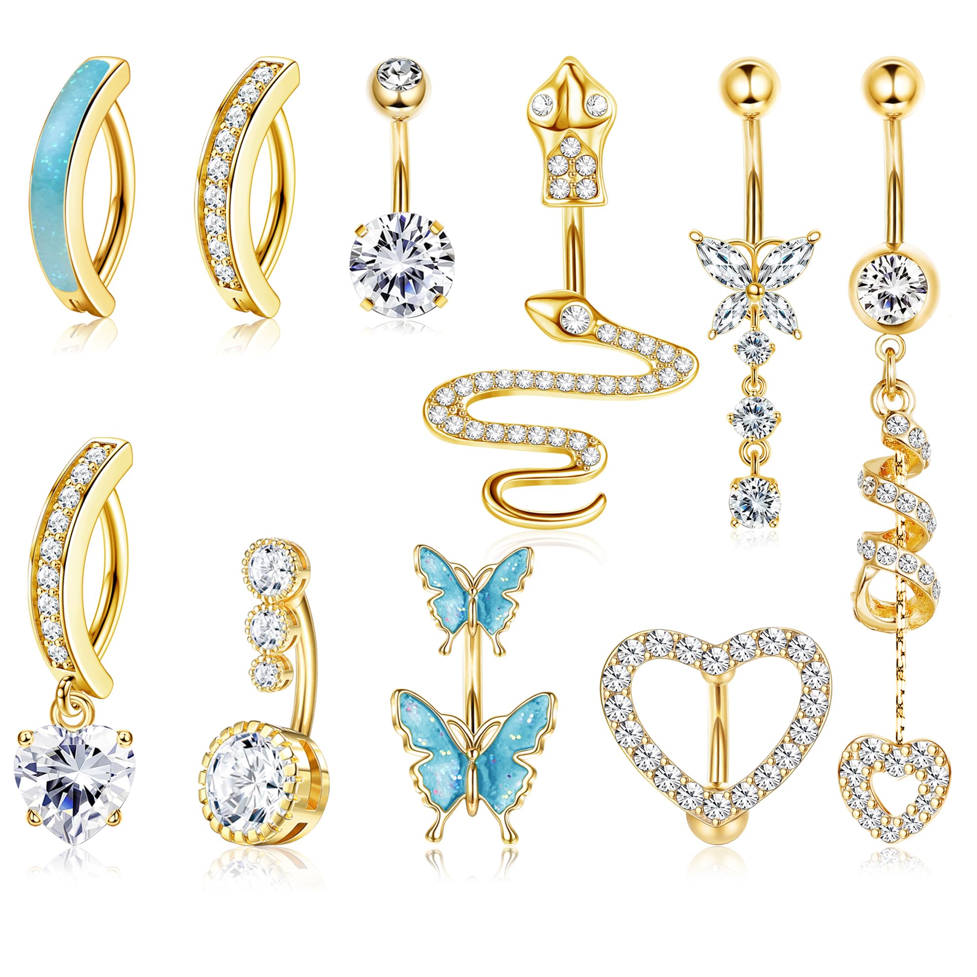 LOLIAS10 Unids 14G Anillos Ombligo para Mujer Barra Ombligo Acero Inoxidable Corazón Serpiente Mariposa CZ Piercing Ombligo Colgante Barbells Piercing Joyas 10MM