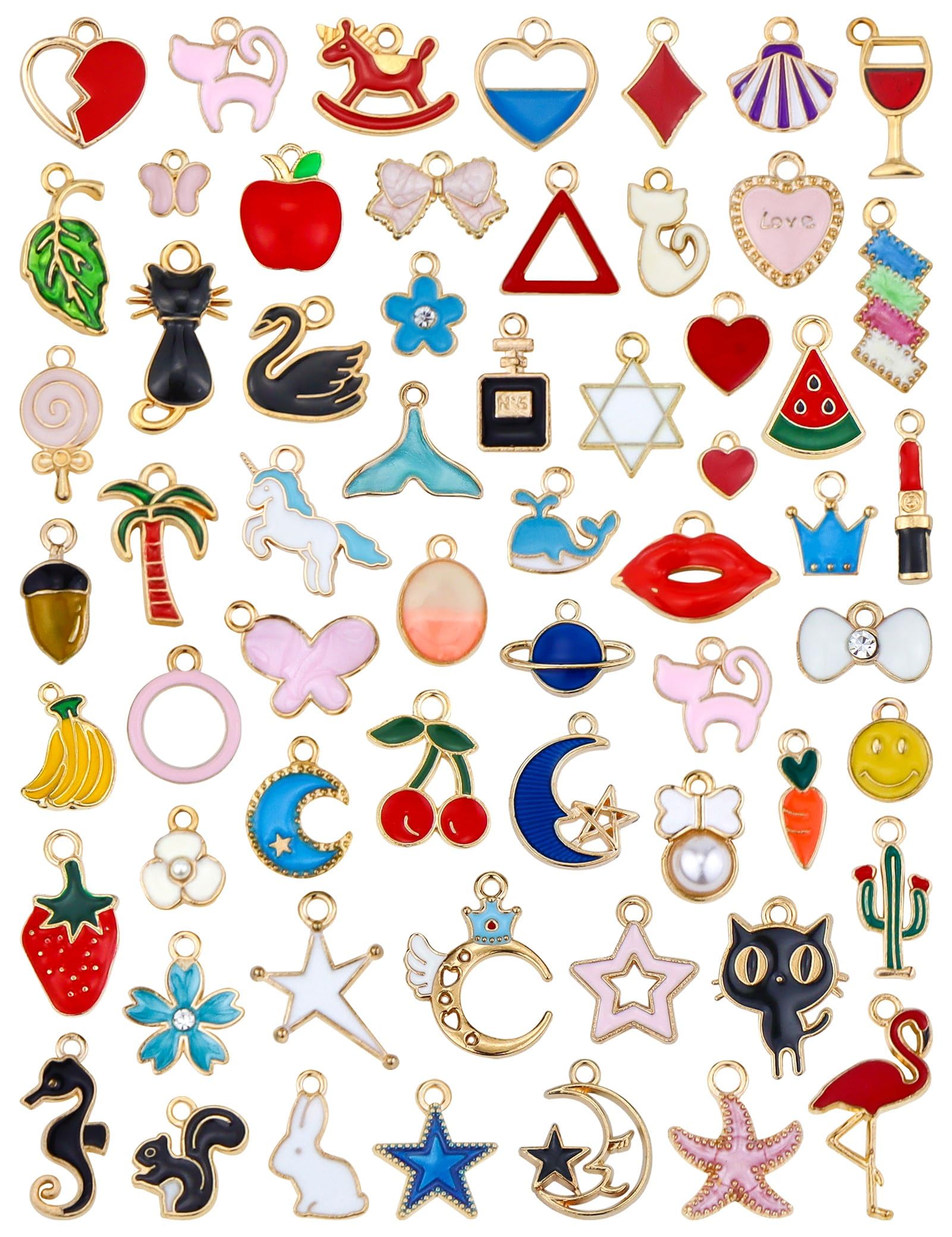 JIALEEY 60PCS Assorted Gold Plated Enamel Animal Moon Star Fruit Charm Pendant DIY for Necklace Bracelet Jewelry Making and Crafting
