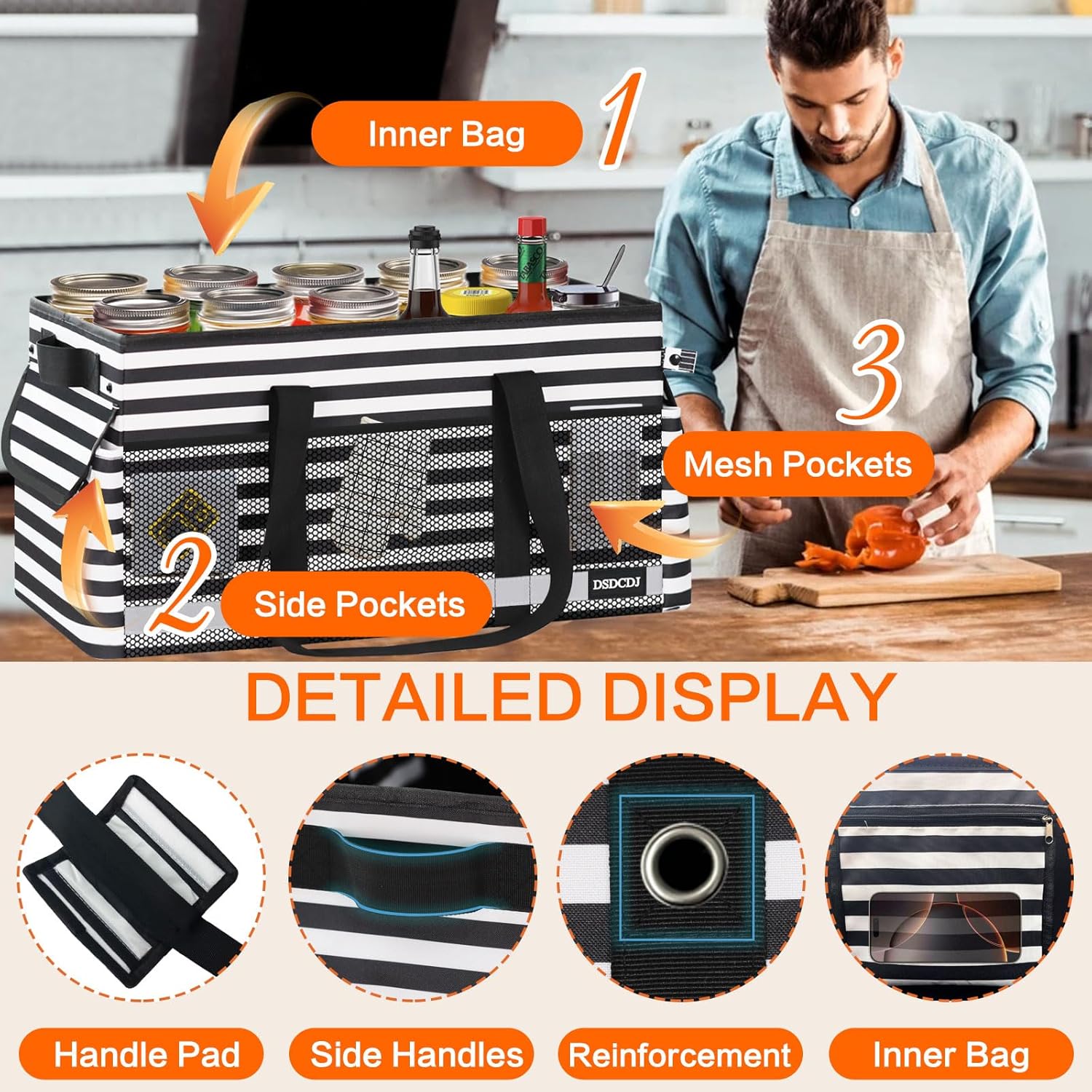 Extra Large Utility Tote Bag with Reflective Strip, Standing Reusable Grocery Bags with Hard Bottom, Collapsible Utility Tote with Handles for Shopping, Beach, Picnics, Car, Striped Black