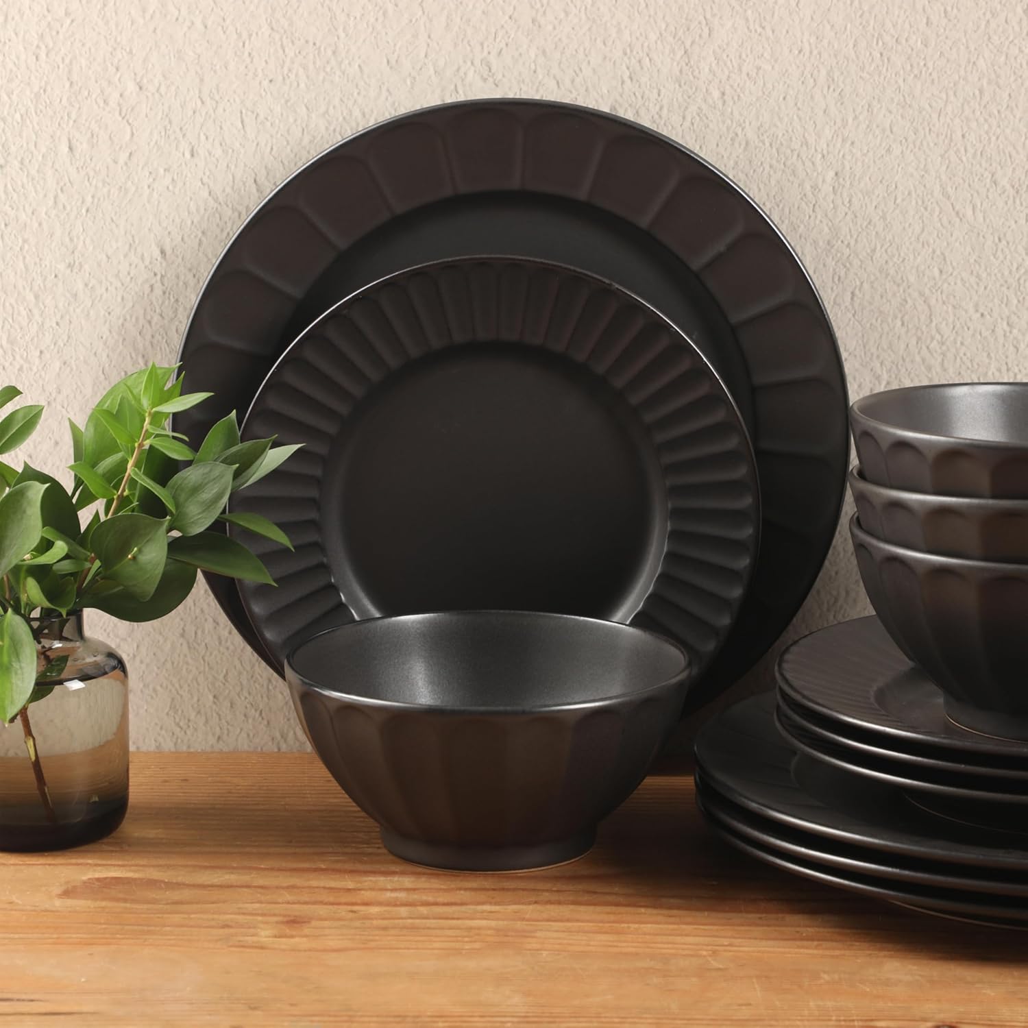 Gibson Elite Winchester Way 12-Piece Embossed Stoneware Dinnerware Set – Reactive Matte Glaze, Durable Lightweight-Tech Plates & Bowls, Everyday Dish Set, Microwave & Dishwasher Safe – Black - Image 2