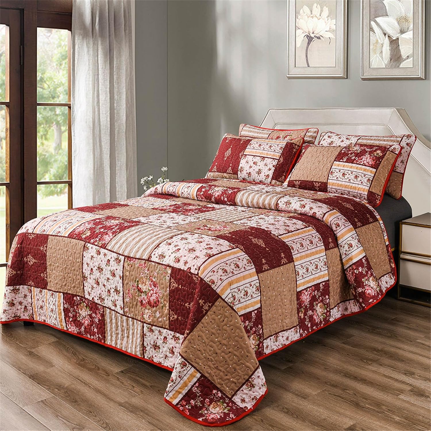 3 Pieces Floral Plaid Patchwork Bedding Quilt Set King Red Brown White Plaid Patchwork with Peony Flower Quilted Bedspread Coverlet Set Soft Lightweight Microfiber Bed Cover Set for All Seasons