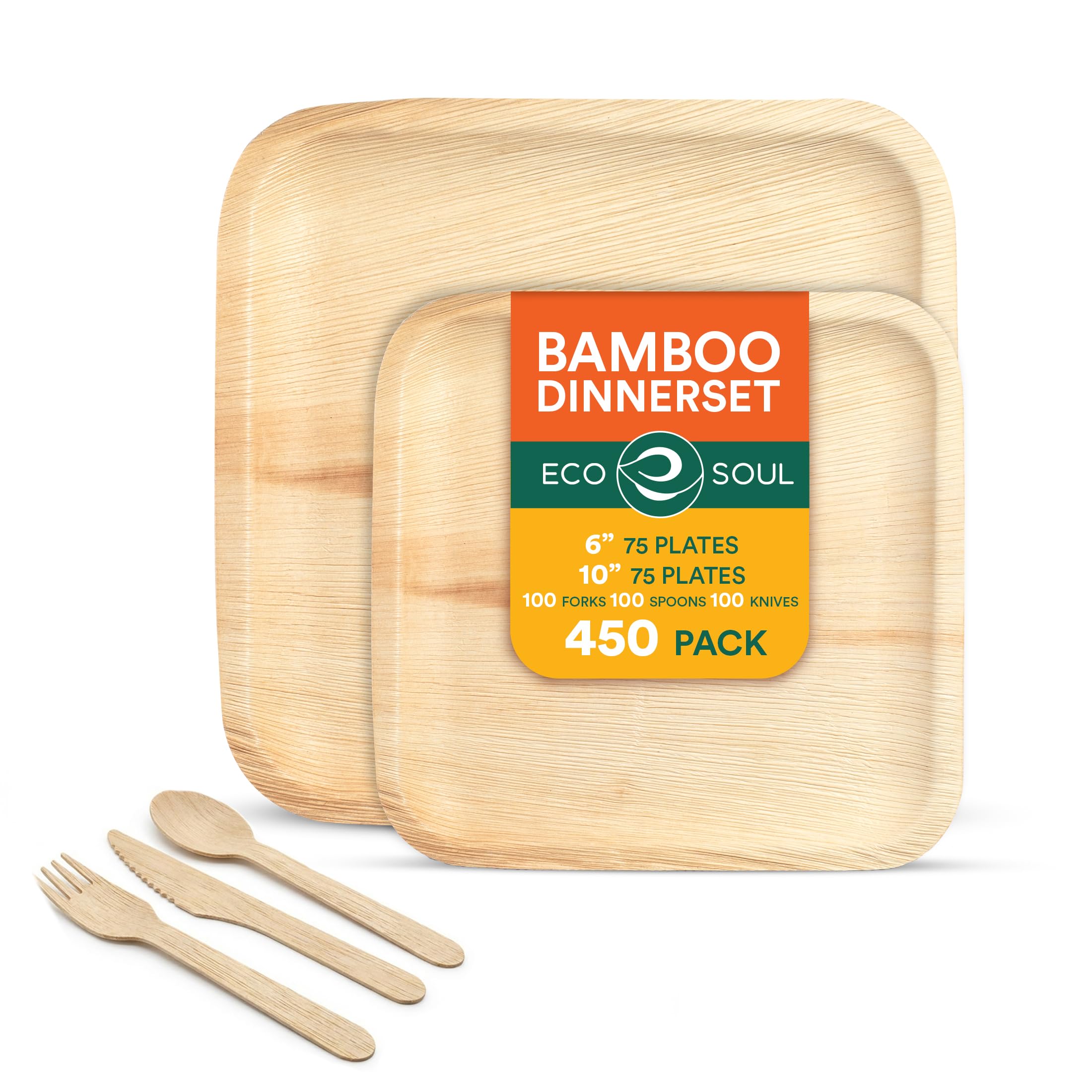 ECO SOUL Juego de vajilla de hoja de palma 100% compostable para 75 invitados [platos cuadrados de 10 y 6 pulgadas, 75 unidades cada uno | tenedor, cuchillo, cuchara, 100 unidades cada uno] |