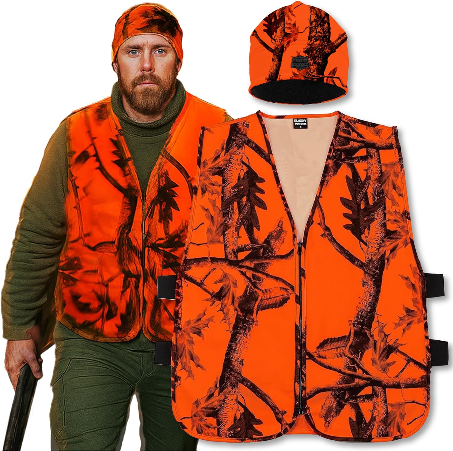 Klarny Outdoors Camo Orange Hunting Vest and Hat Combination X-Large, Premium High Performance Beanie and Hunting Vest
