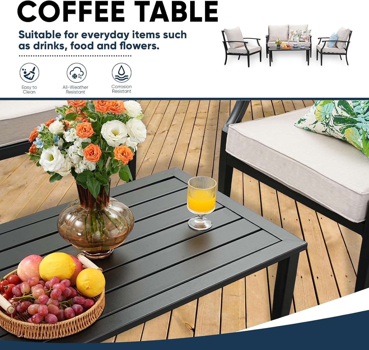4 Piece Outdoor Patio Furniture Set Oversized Metal Conversation Sets with High Back Deep Seating Water-Repellent Cushions Coffee Table for Backyard Porch Balcony(Blue)