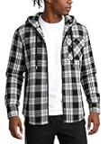 Mens Cotton Linen Zip Up Hoodies Long Sleeve Casual Tops Plaid Flannel Shirt with Hood Black Grey