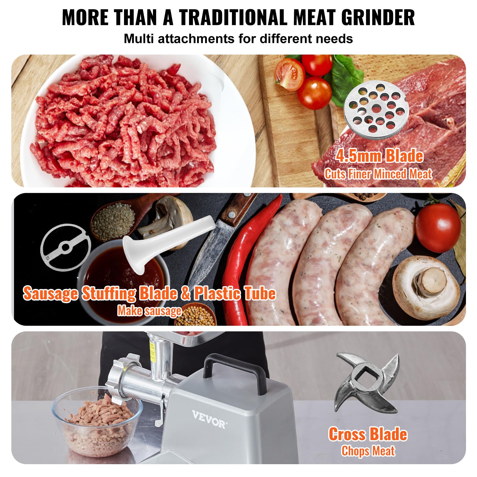 VEVOR Picadora de Carne 575 W Máximo 800 W Picadora Eléctrica Multifunción 2,27 kg/min con Cuchilla Placa de Molienda Picadora de Carne Comercial para Picar Rápidamente Carne Pollo Cebolla Ajo