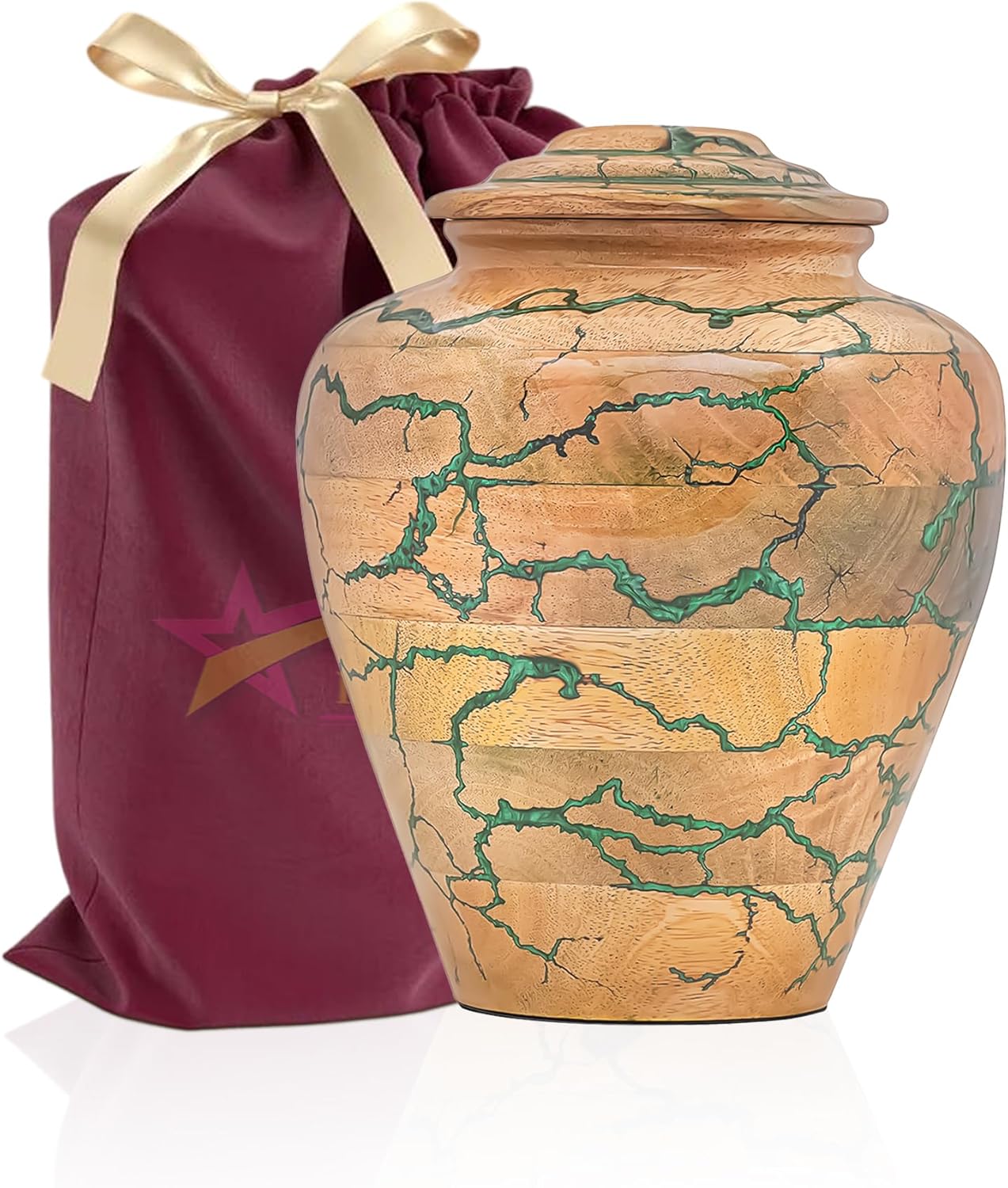 Wooden Cremation Urn for Adult Human Ashes – Handmade Mango Wood Funeral Urn with Green Epoxy Inlay – Large 225 Cu in Memorial Burial Urn Box with Velvet Bag (225 lbs)