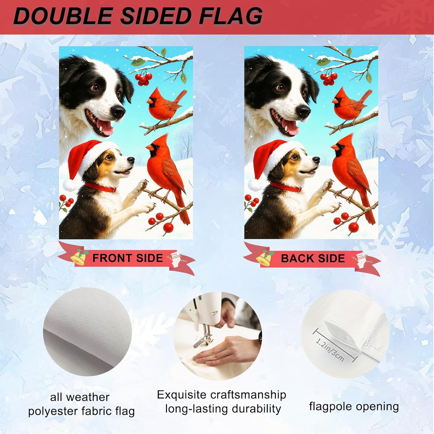 IVN Christmas Garden Flag 12x18 Inch Double Sided Border Collie Dog with Santa Hat and Red Birds Outdoor Yard Flag for Outside Home Front Door Lawn Porch Patio Welcome Decor - Image 4