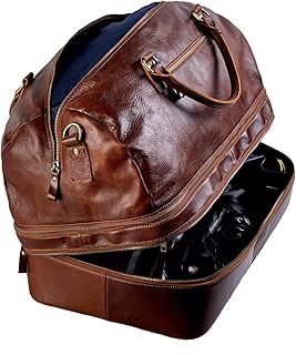 Genuine Leather Duffle Bag, Large Expandable（Double Capacity）Carry On Luggage Travel Bag With Hard Shoe Compartment（Shoes Not Be Squeezed)