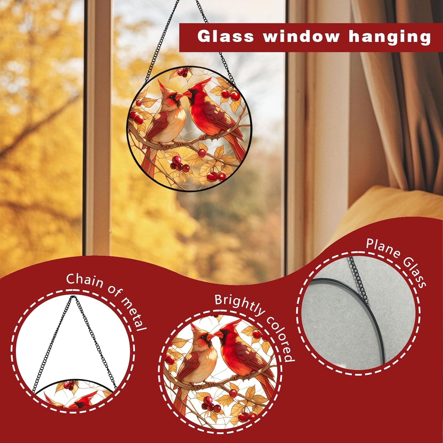 Stained Glass Style Cardinal Suncatcher, 7.87 Inch (20cm) Round Real Glass Window Hanging with Gift Box and Chain, Bird Decor Gift - Image 6