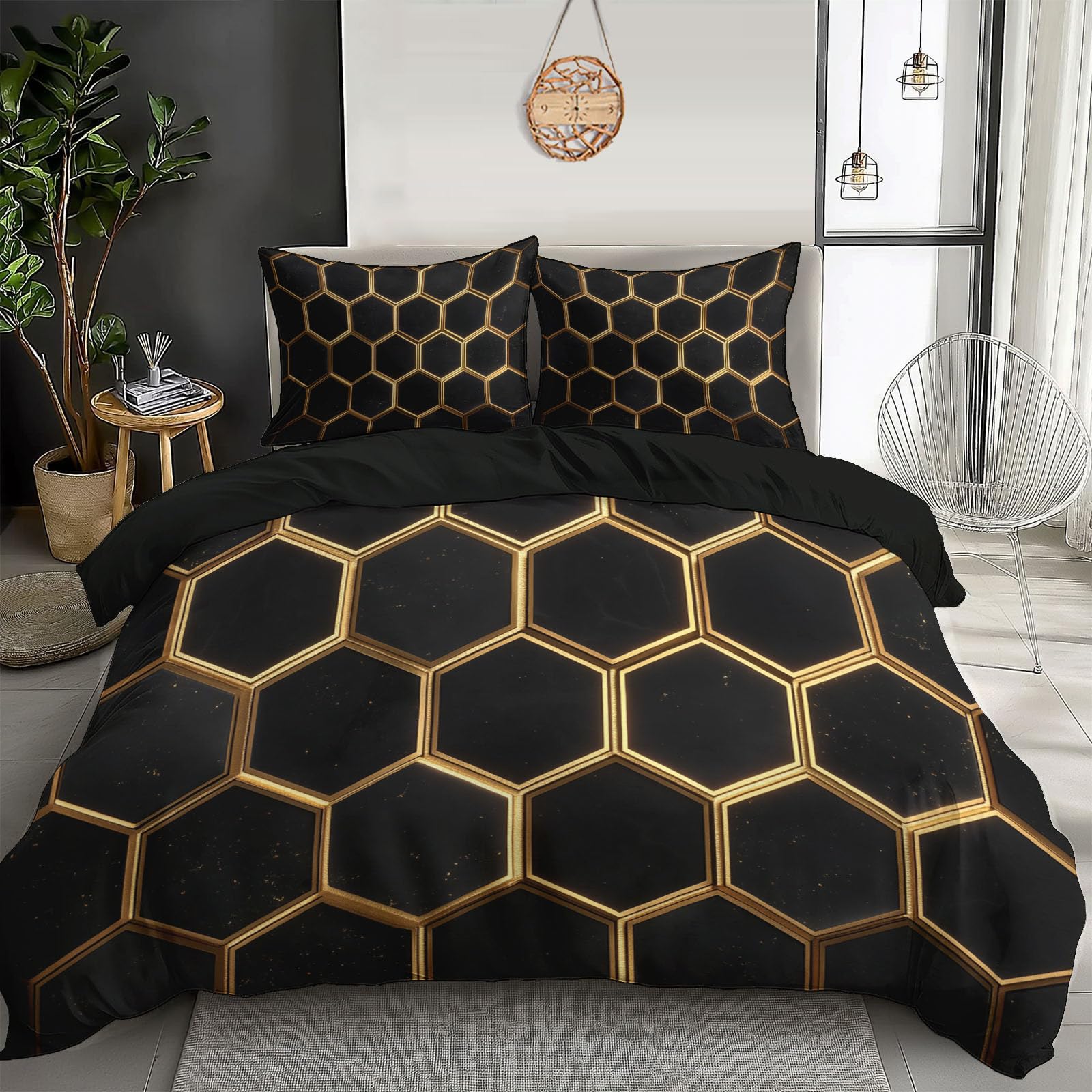 Housse de couette 140x200cm hexagone abstrait en microfibre avec sa taie 65x65 cm