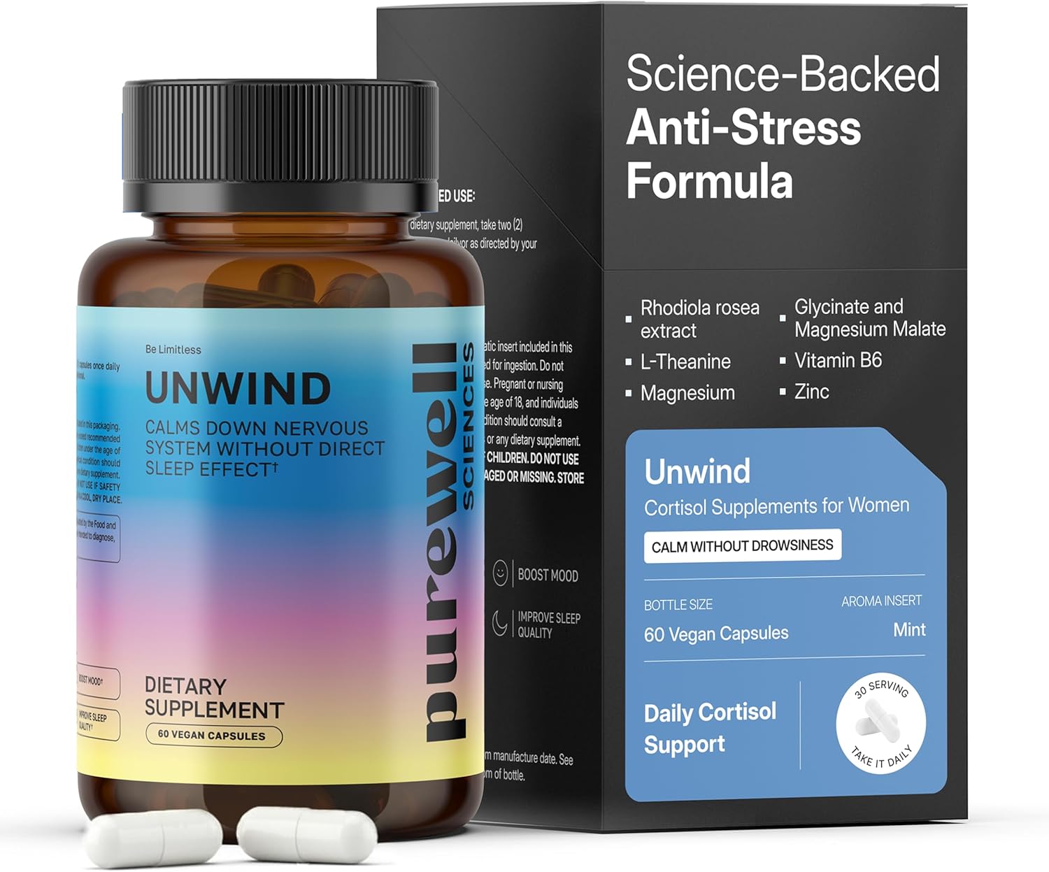 Unwind - Cortisol Supplements for Women - 60 Vegan Capsules - L Theanine Supplement + Magnesium + Rhodiola Rosea Extract + Zinc + Vitamin B6
