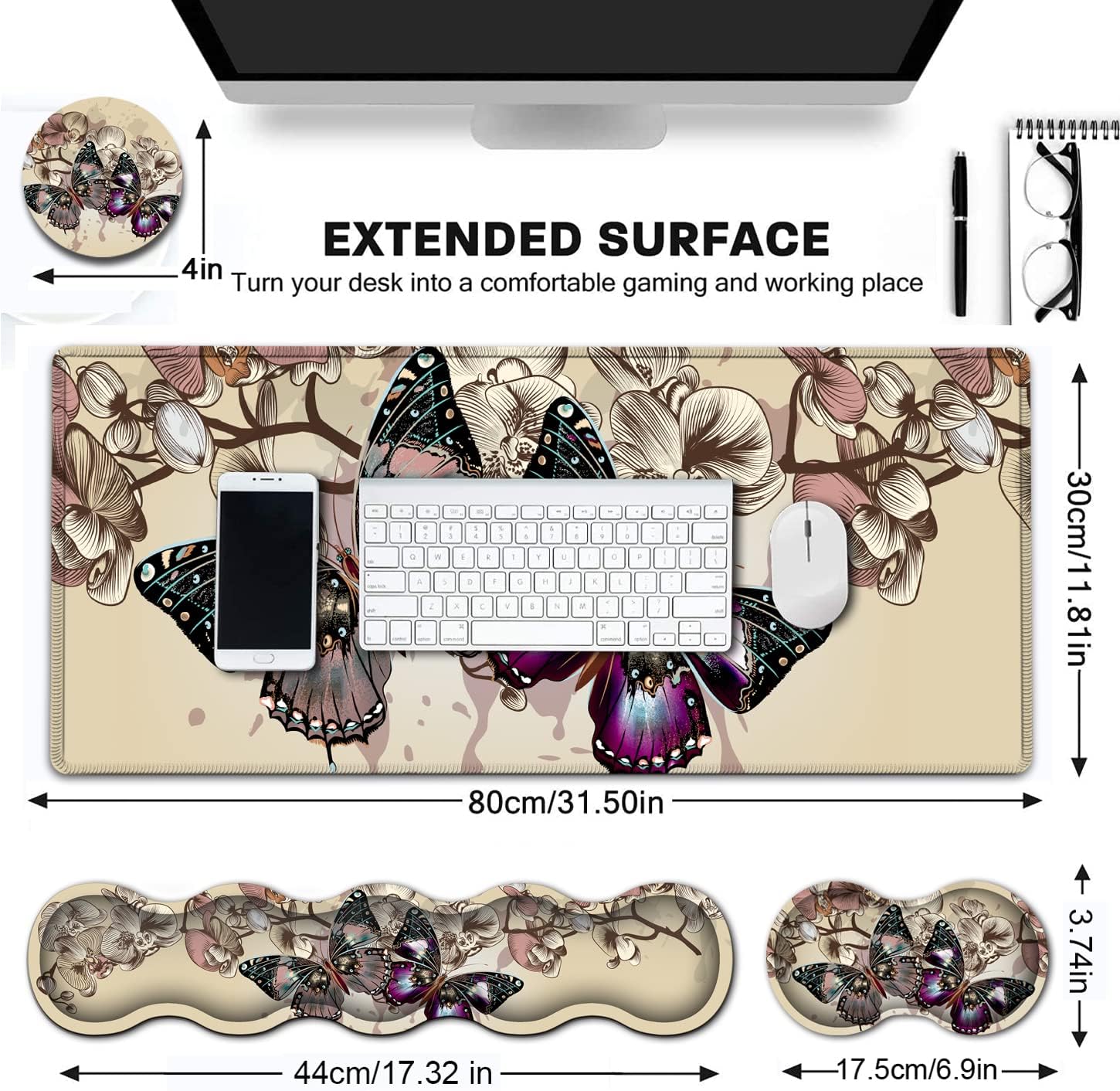 Ergonomic Memory Foam Keyboard Wrist Rest and Large Gaming Mouse Pad with Non-Slip Base, for Home Laptop Office Desk Pad,31.5x11.8 Big Desk Mat Beautiful Butterfly Pattern Mouse Pad Wrist Supprot