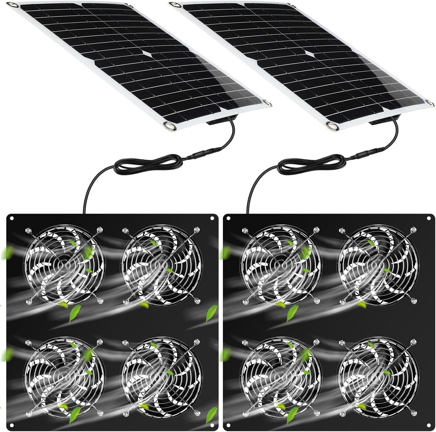 2 Set Solar Panel Fan Kit with 4 Fans 12w USB Weatherproof Solar Exhaust Fan Outdoor Solar Greenhouse Fan Portable Chicken Coop Fan, Metal Shell for Sheds, Attic, Pet Houses, Window Exhaust