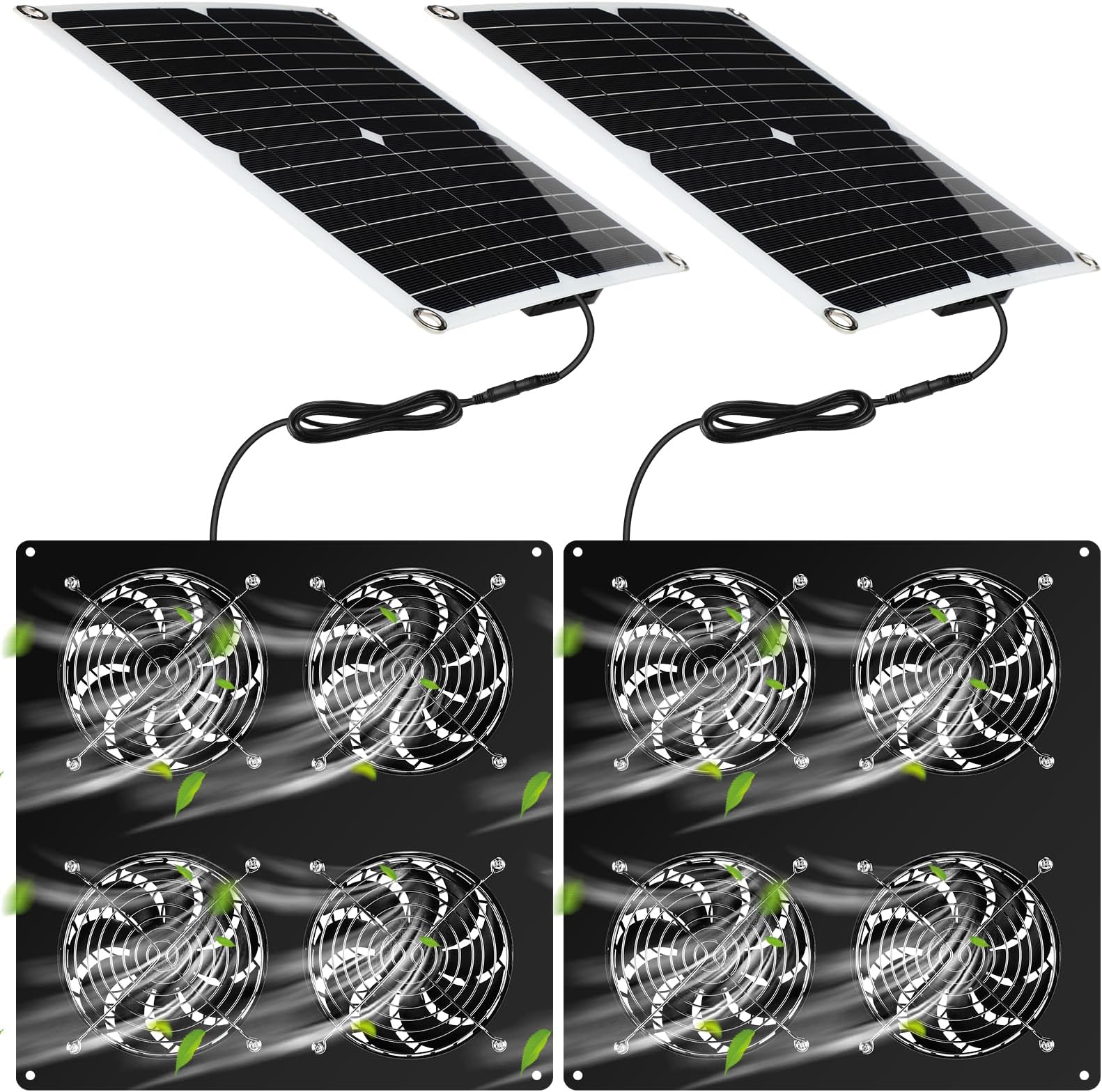 Solar Panel Fan Kit with 4 Fans 12w USB Portable Solar Mini Exhaust Fan Outdoor Chicken Coop Fan Weatherproof, Metal Shell for Greenhouses, Sheds, Attic, Pet Houses, Window Exhaust (2)