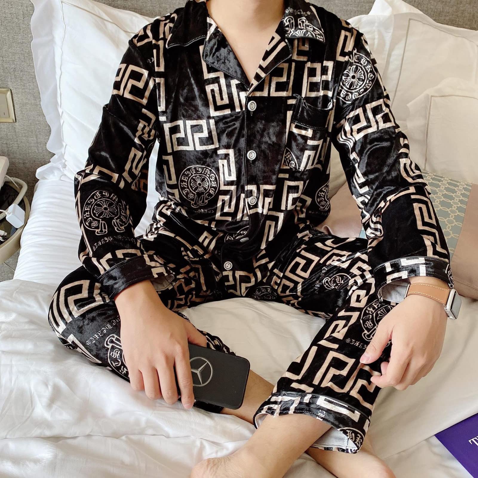 Pyjama hiver homme en toison marron ensemble 2 pièces boutonné de nuit