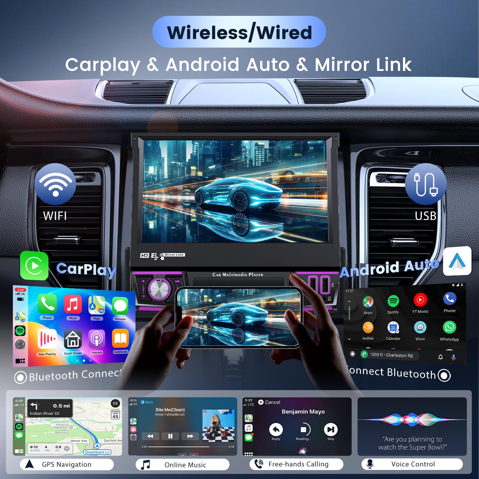 Hodozzy 2G + 64G Android singolo DIN Flip Out Car Stereo, 7 pollici Touchscreen Autoradio con CarPlay Android Auto, GPS 1 Din Car Audio con WIFI, Bluetooth, FM/RDS, DSP, Schermo diviso, 2 USB, SWC