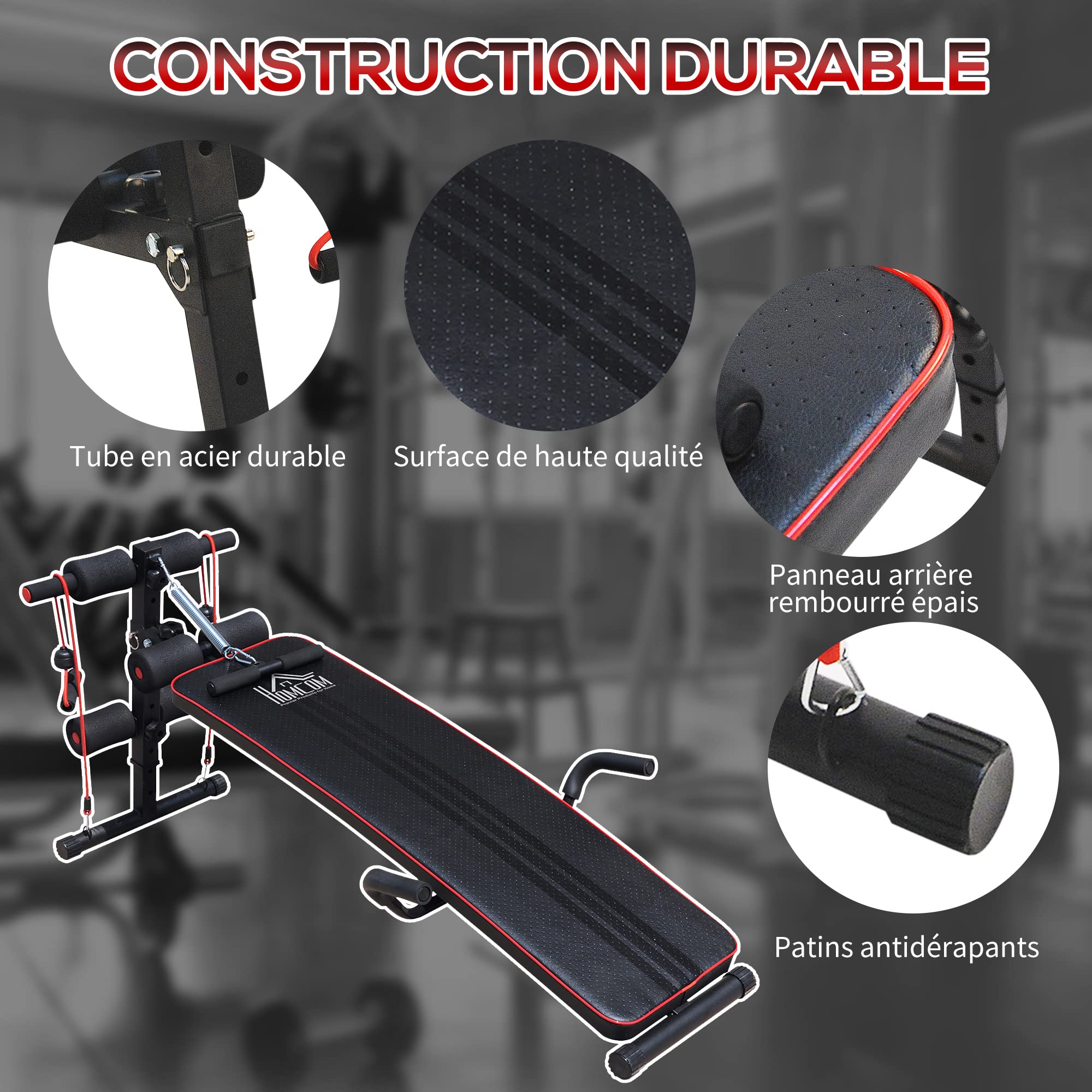 HOMCOM Banc de musculation appareil à abdo hauteur réglable 137,5L x 55,5l x 50-68H cm 2 bandes de résistances + ressort central traction acier noir rouge