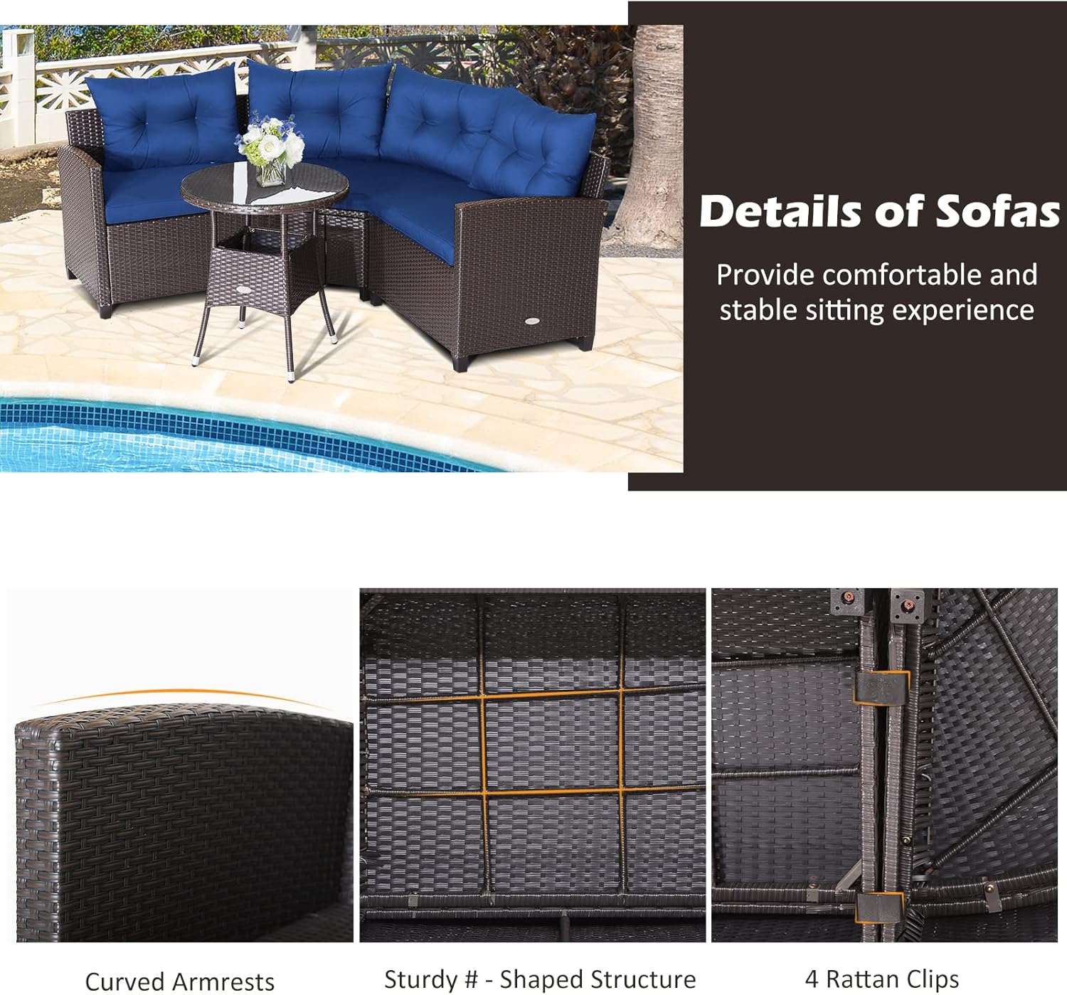 Tangkula 4 Piece Outdoor Sectional Sofa Set, Half-Moon All Weather Heavy Duty Corner Patio Furniture Set with Round Side Table, Soft-Padded Cushions, for Backyard, Poolside, Deck (Navy)