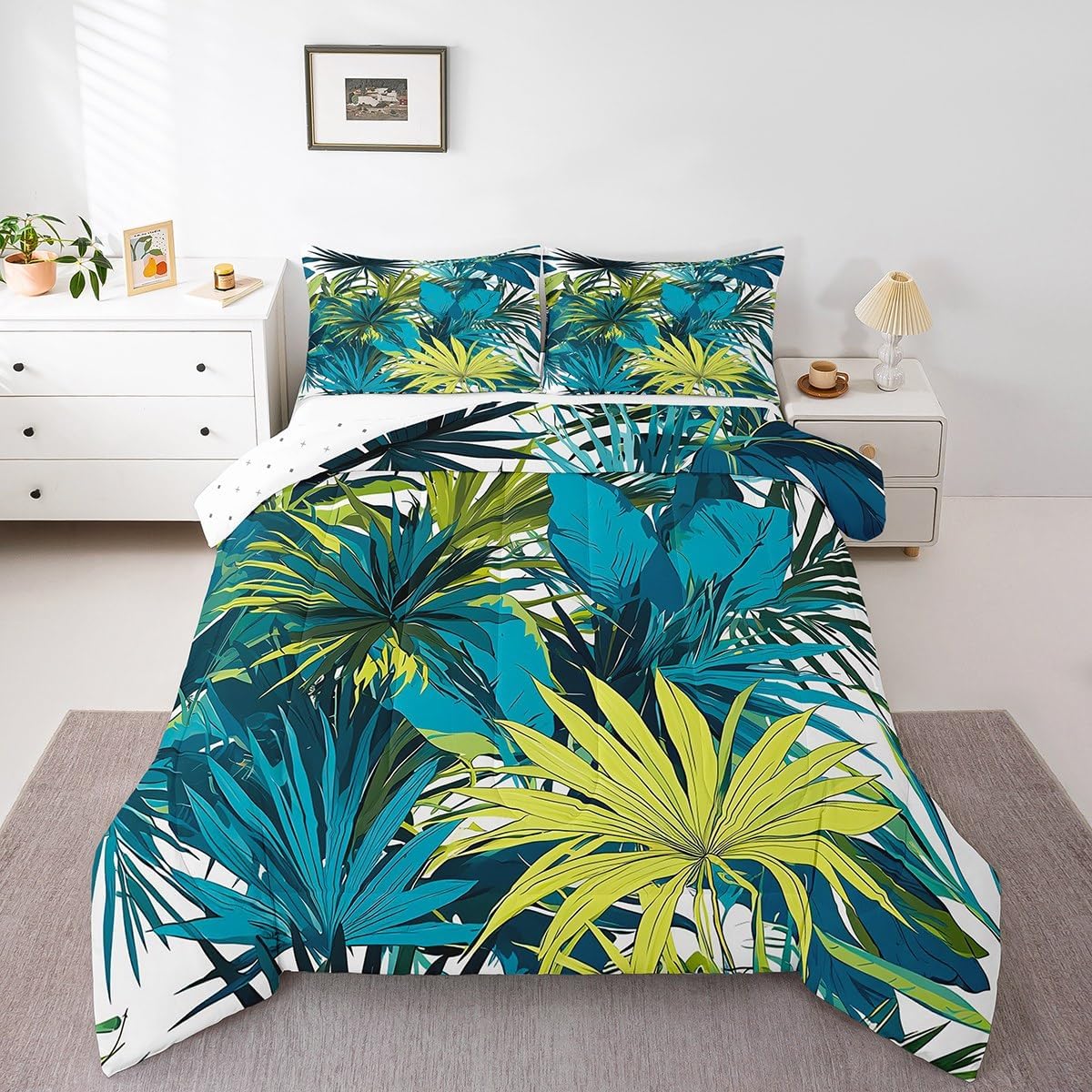 jejeloiu Green Palm Leaf Comforter Set Queen Size Kids Green Tropical Leaves Pattern Bedding Set for Boys Girls Summer Tree Branches Nature Theme Duvet Quilt Room Decor